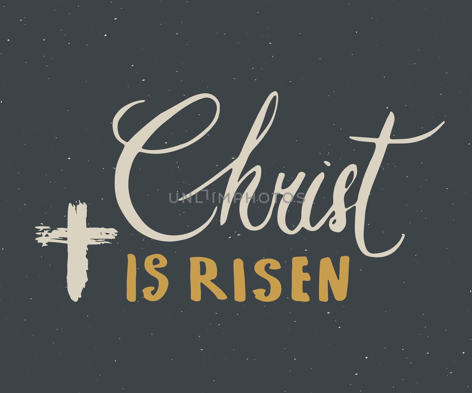 He is risen, lettering religious sign with crucifix symbol. Hand drawn Christian cross, grunge textured retro badge, Vintage label, typography design print, vector illustration.