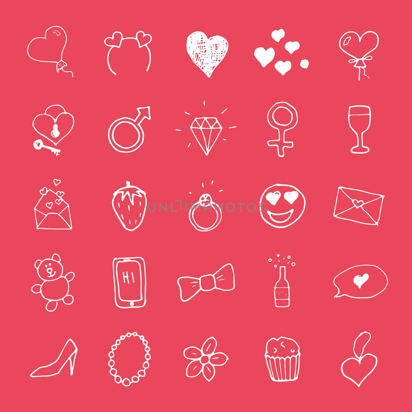 Love and valentine doodle Icons, hand drawn signs set, vector illustration.