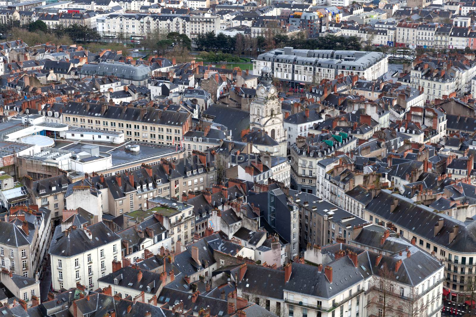 Nantes, France: 22 February 2020: Aerial view of Nantes showing Eglise Sainte-Croix de Nantes