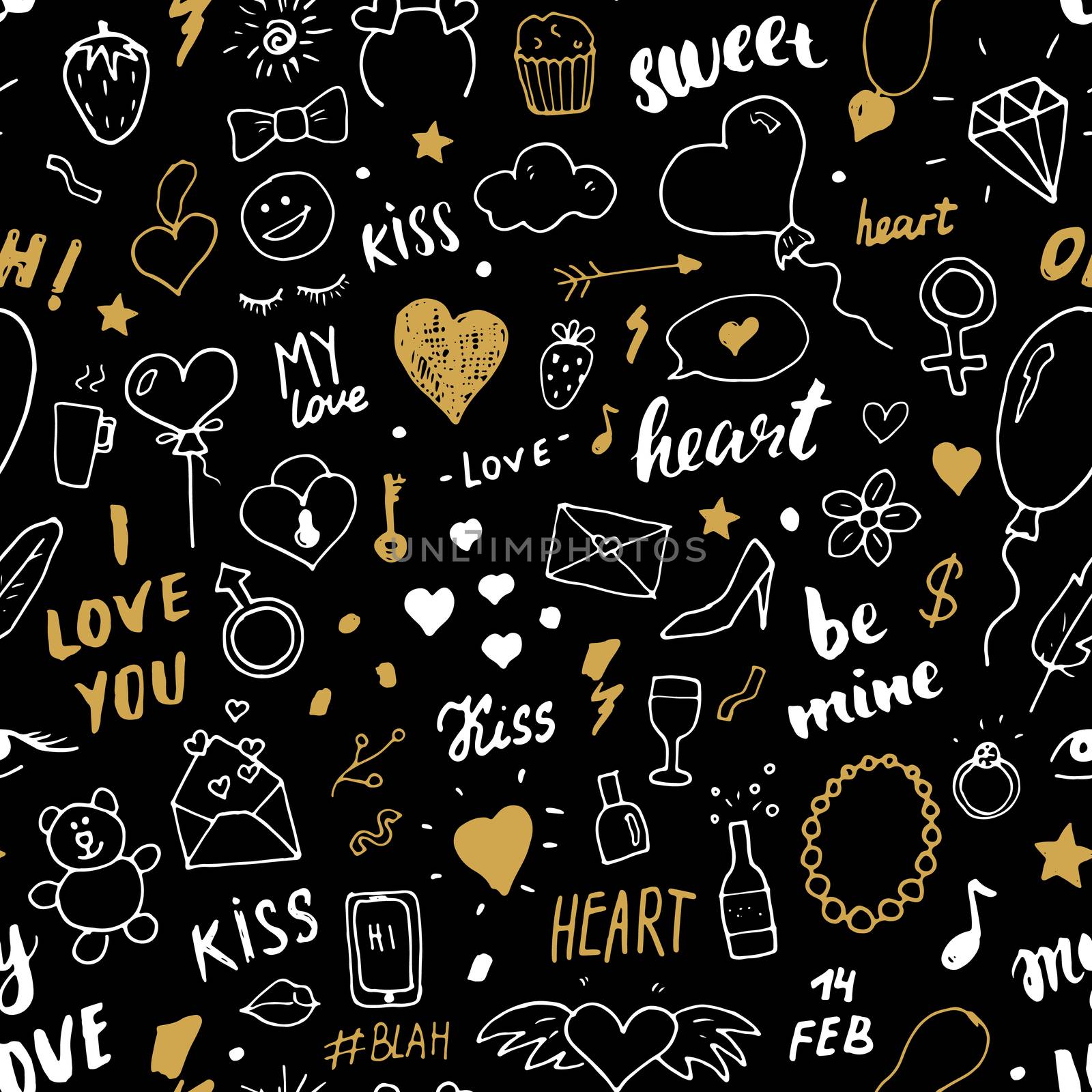 Love and Valentine Day seamless pattern vector illustration. Hand drawn sketched doodle romantic symbols background by Lemon_workshop