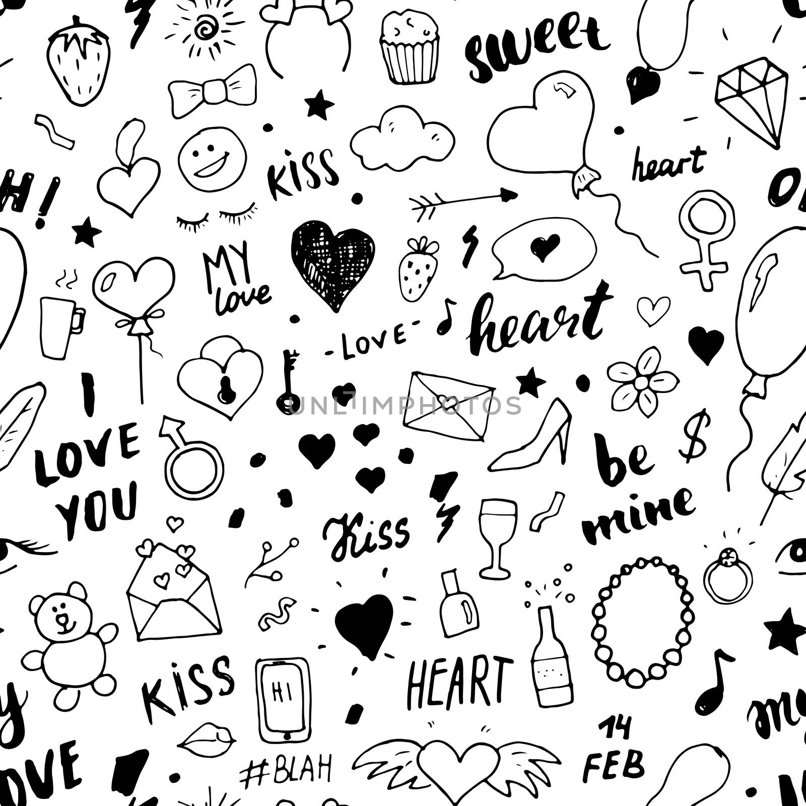 Love and Valentine Day seamless pattern vector illustration. Hand drawn sketched doodle romantic symbols background by Lemon_workshop