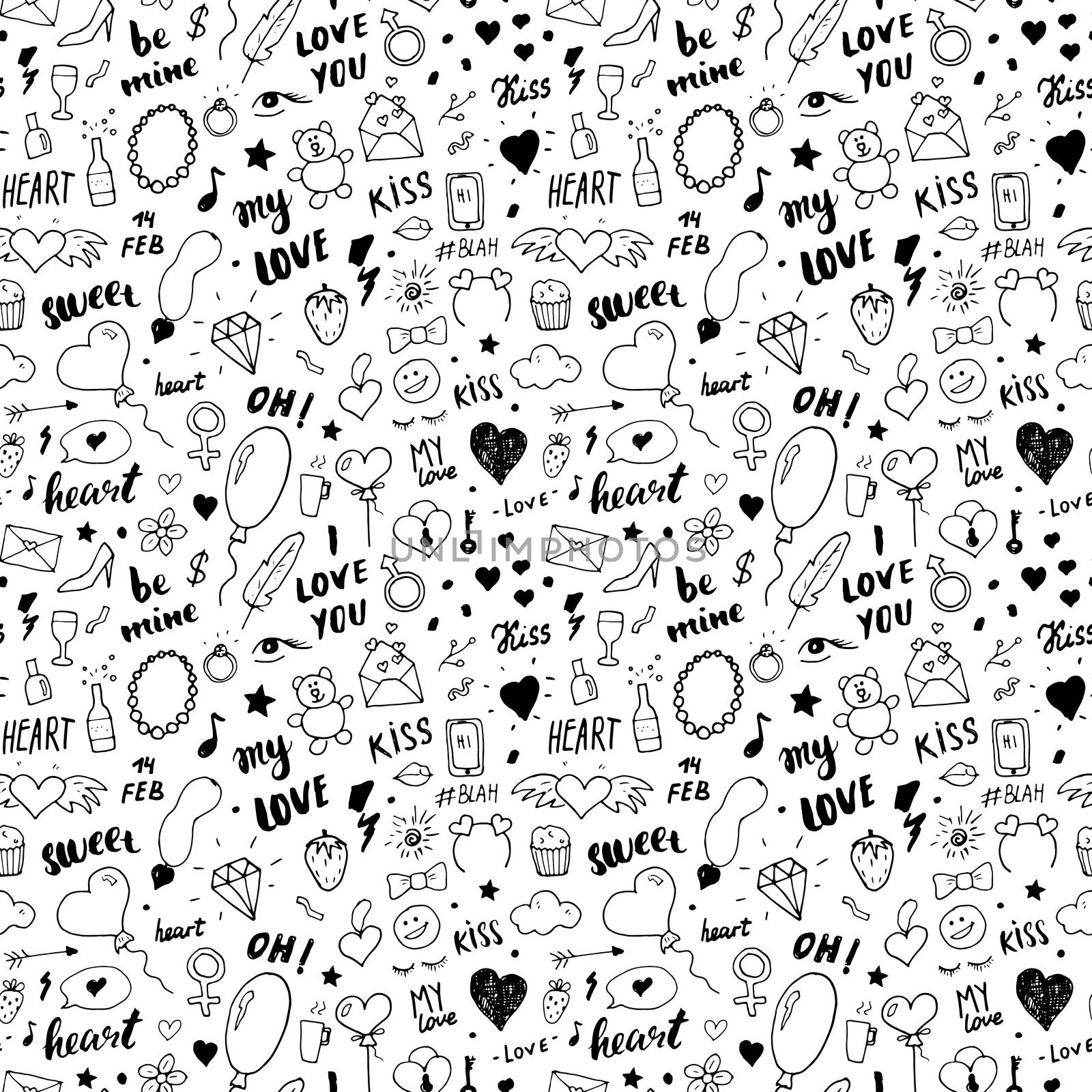 Love and Valentine Day seamless pattern vector illustration. Hand drawn sketched doodle romantic symbols background.