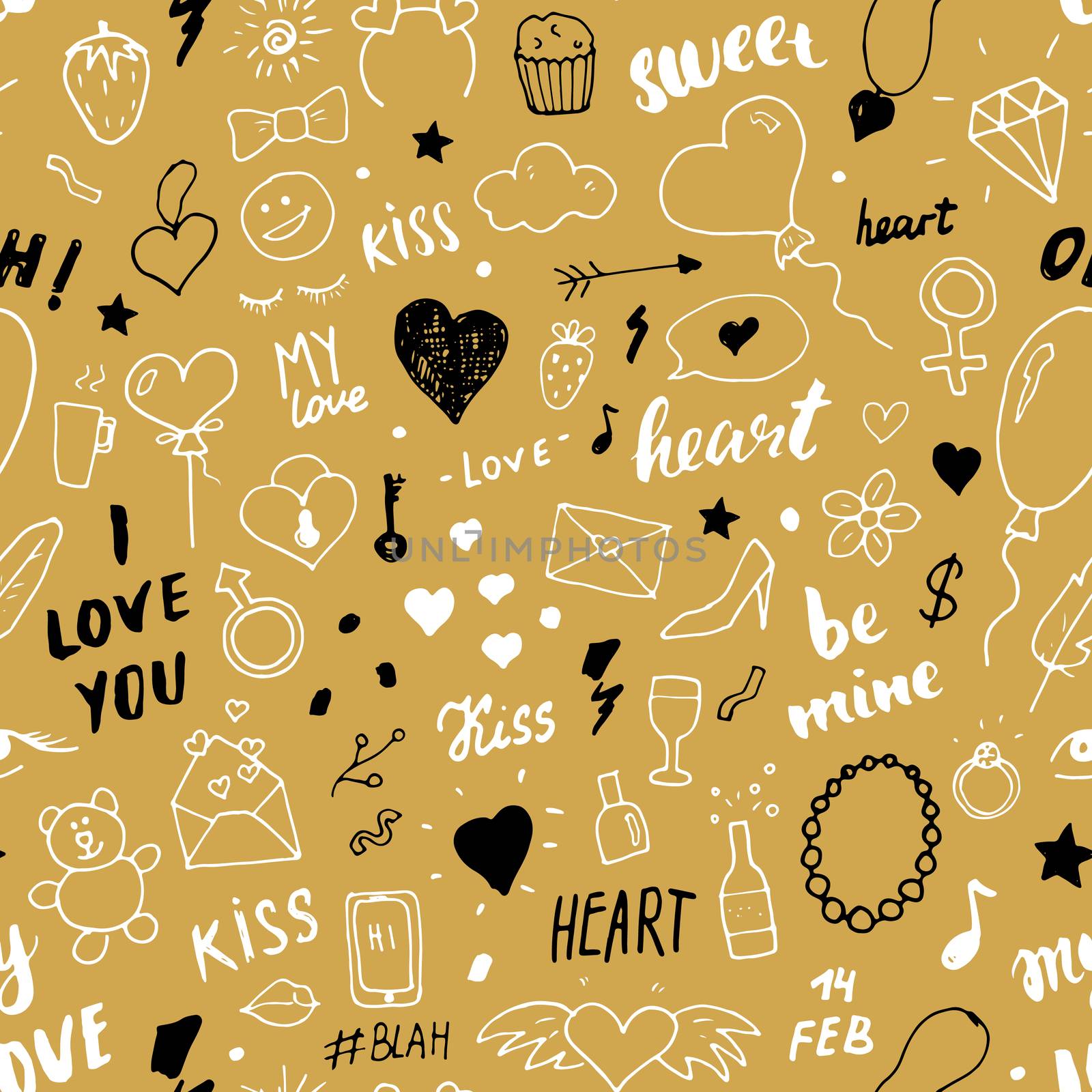 Love and Valentine Day seamless pattern vector illustration. Hand drawn sketched doodle romantic symbols background.