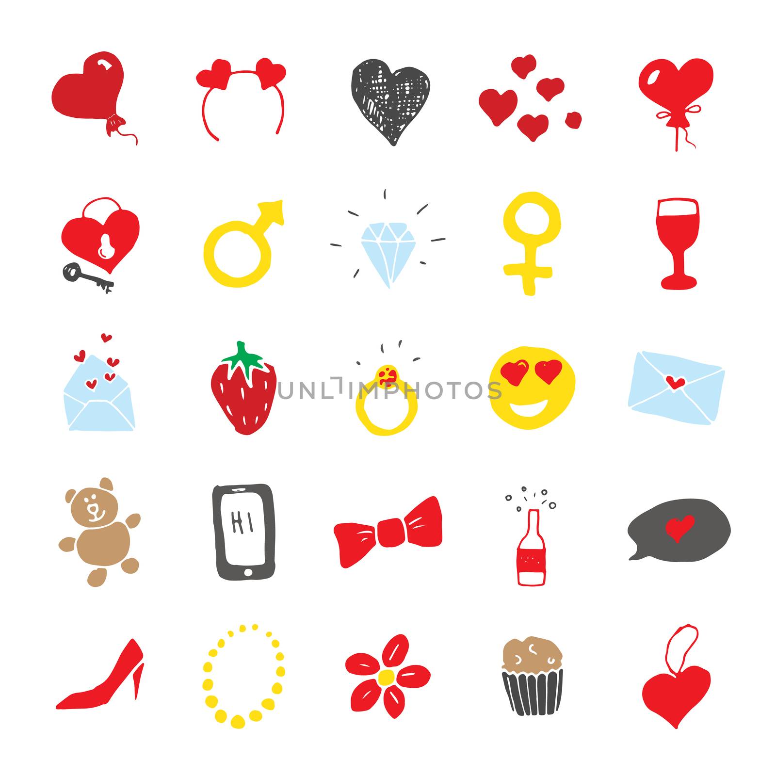 Love and valentine doodle Icons, hand drawn signs set, vector illustration.