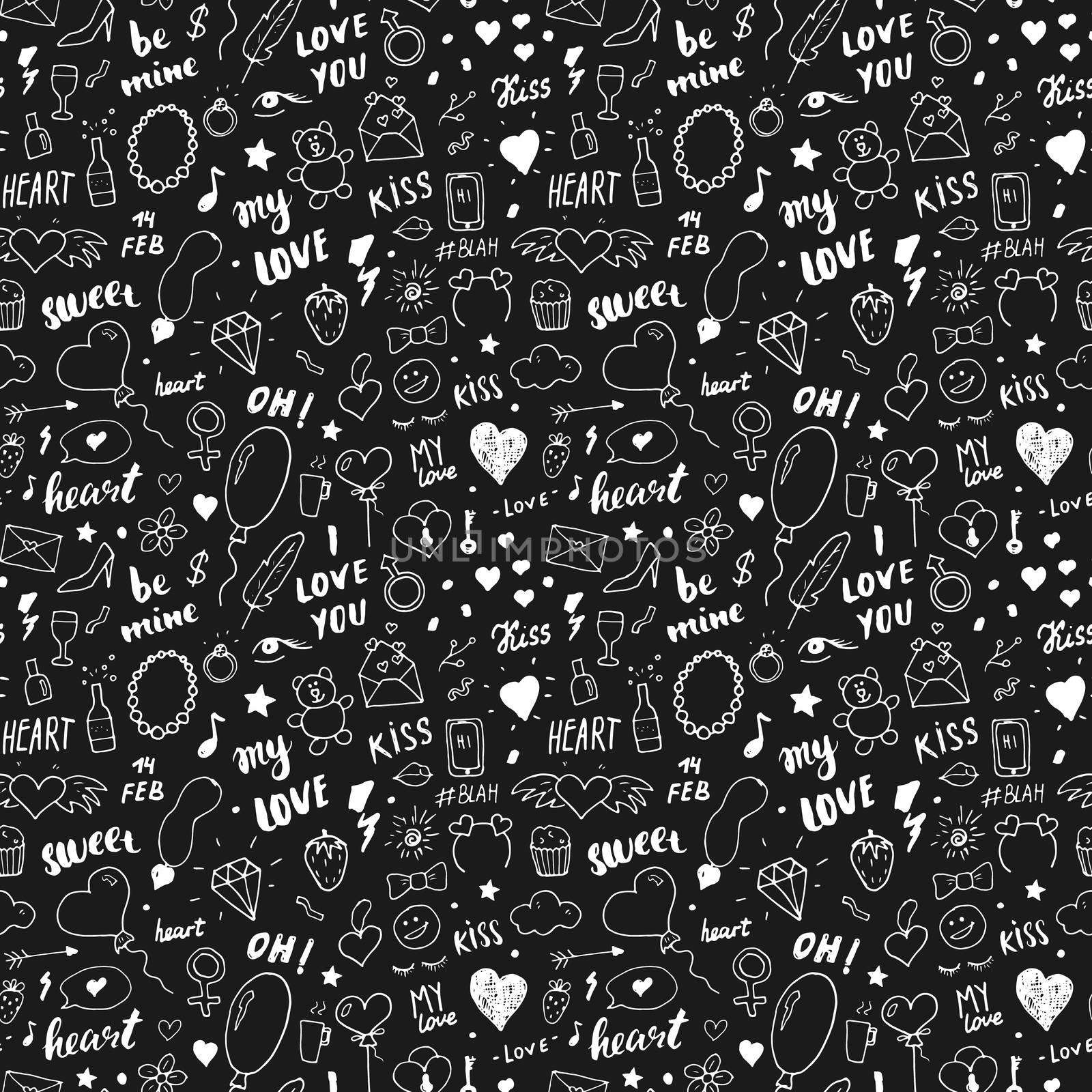 Love and Valentine Day seamless pattern vector illustration. Hand drawn sketched doodle romantic symbols background.