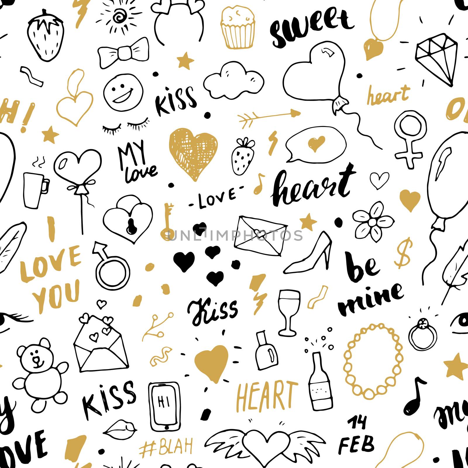 Love and Valentine Day seamless pattern vector illustration. Hand drawn sketched doodle romantic symbols background.