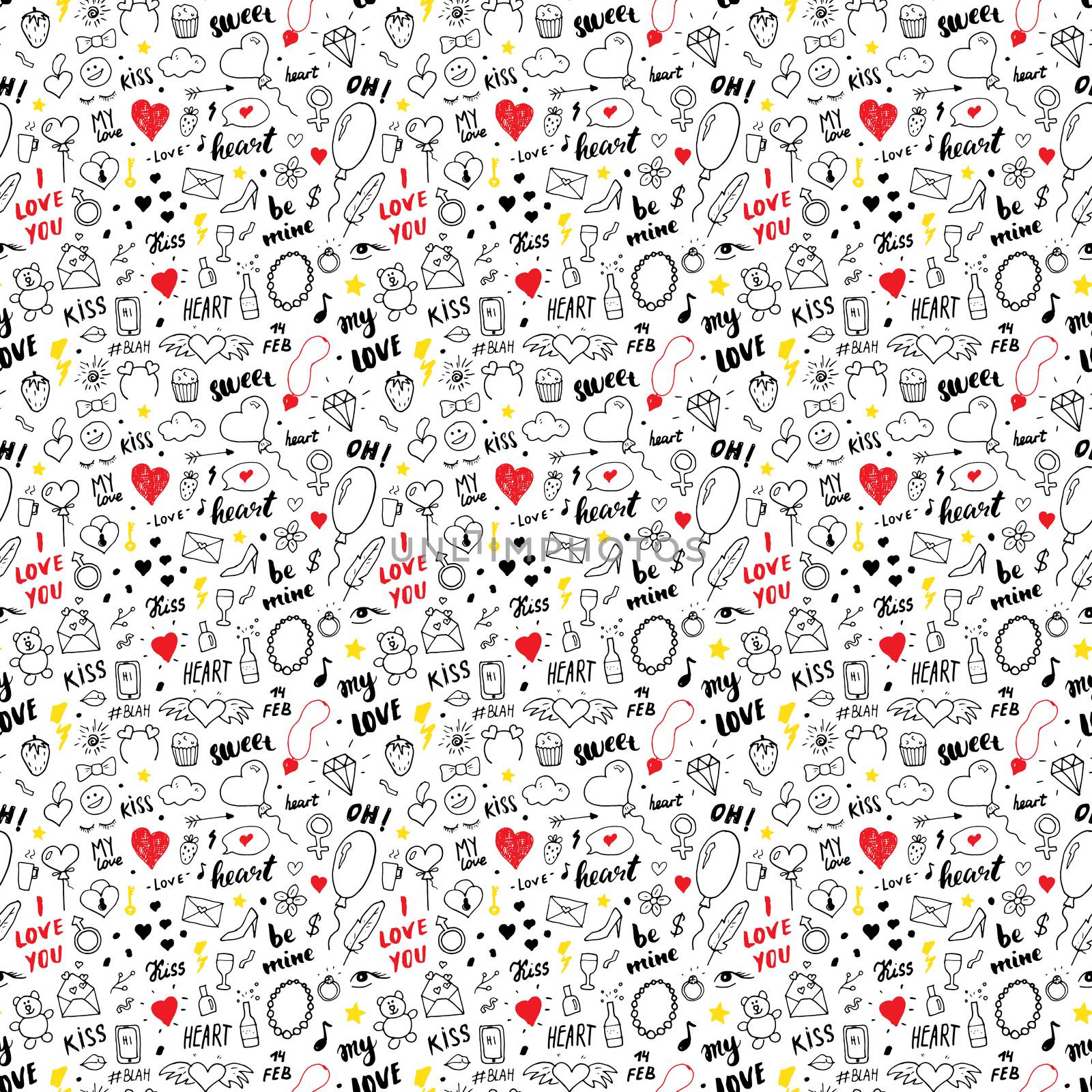 Love and Valentine Day seamless pattern vector illustration. Hand drawn sketched doodle romantic symbols background.