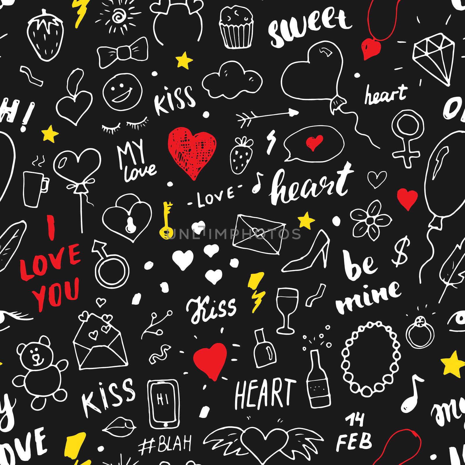 Love and Valentine Day seamless pattern vector illustration. Hand drawn sketched doodle romantic symbols background.