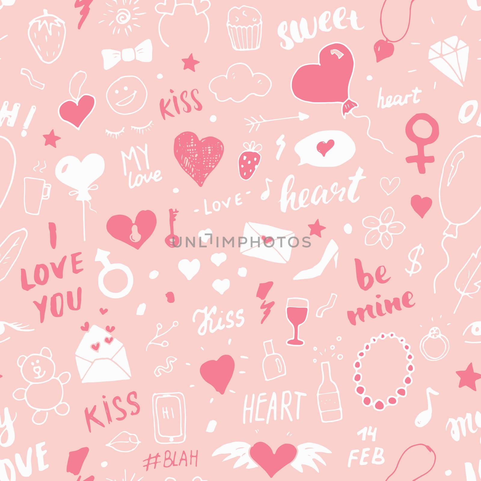 Love and Valentine Day seamless pattern vector illustration. Hand drawn sketched doodle romantic symbols background by Lemon_workshop