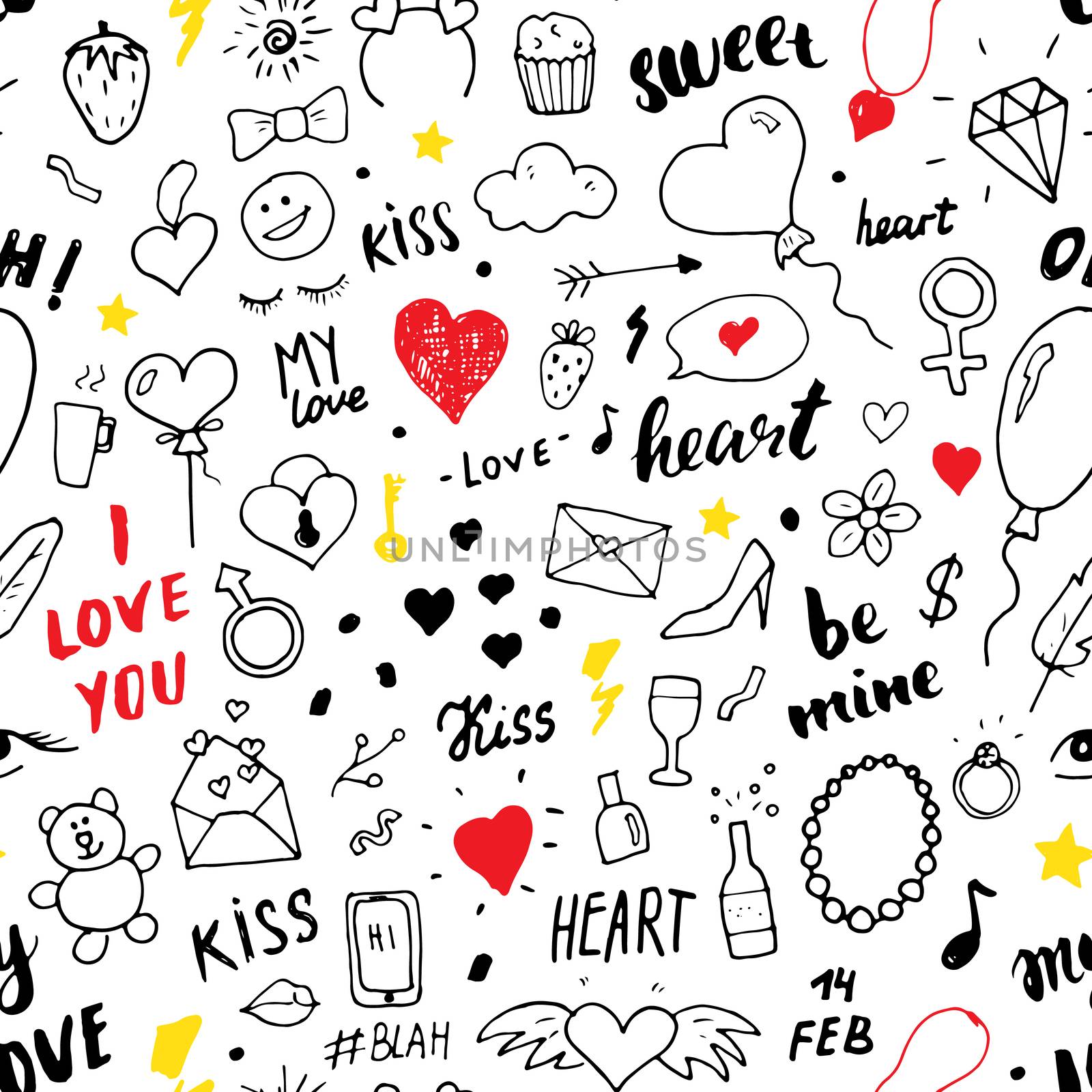 Love and Valentine Day seamless pattern vector illustration. Hand drawn sketched doodle romantic symbols background.