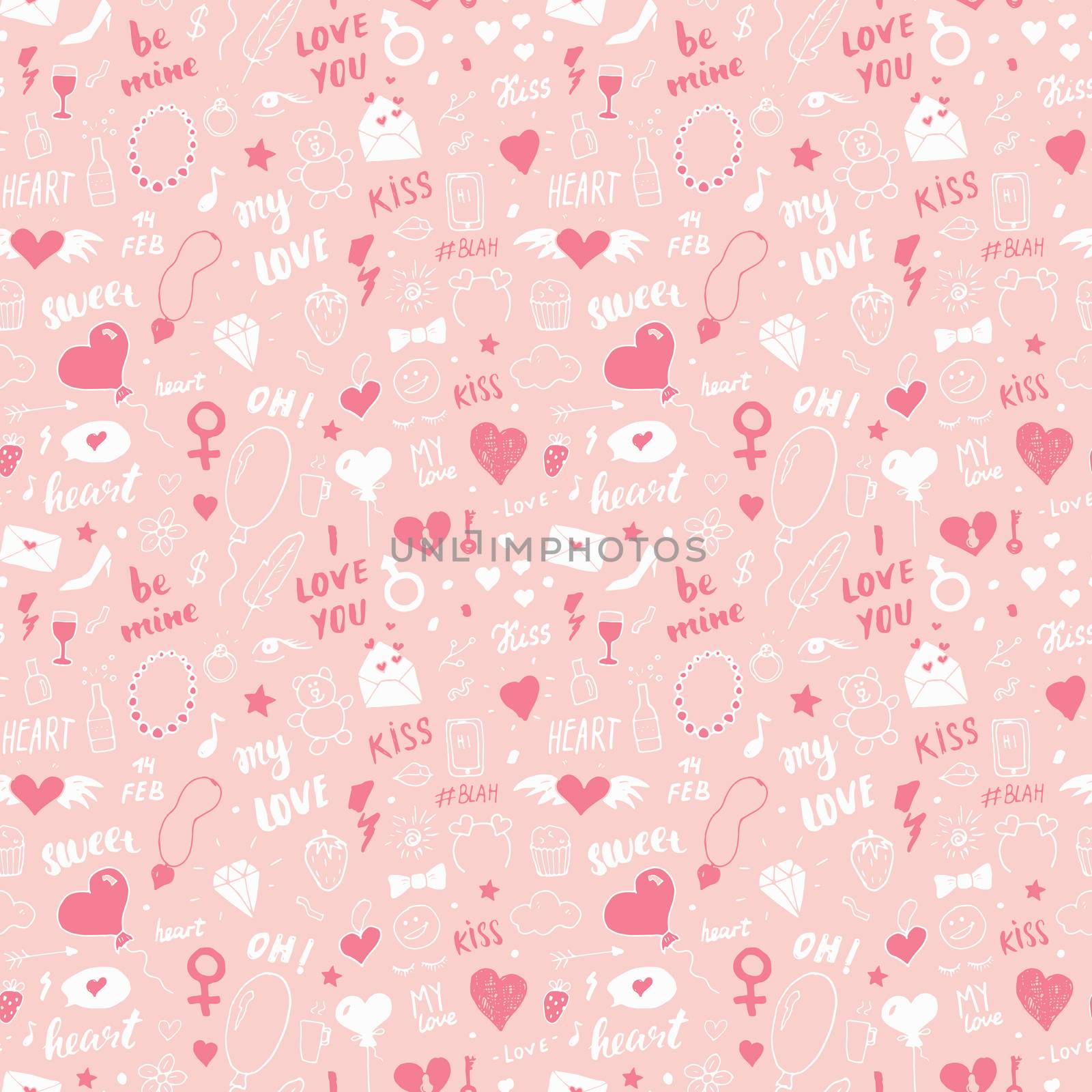 Love and Valentine Day seamless pattern vector illustration. Hand drawn sketched doodle romantic symbols background.