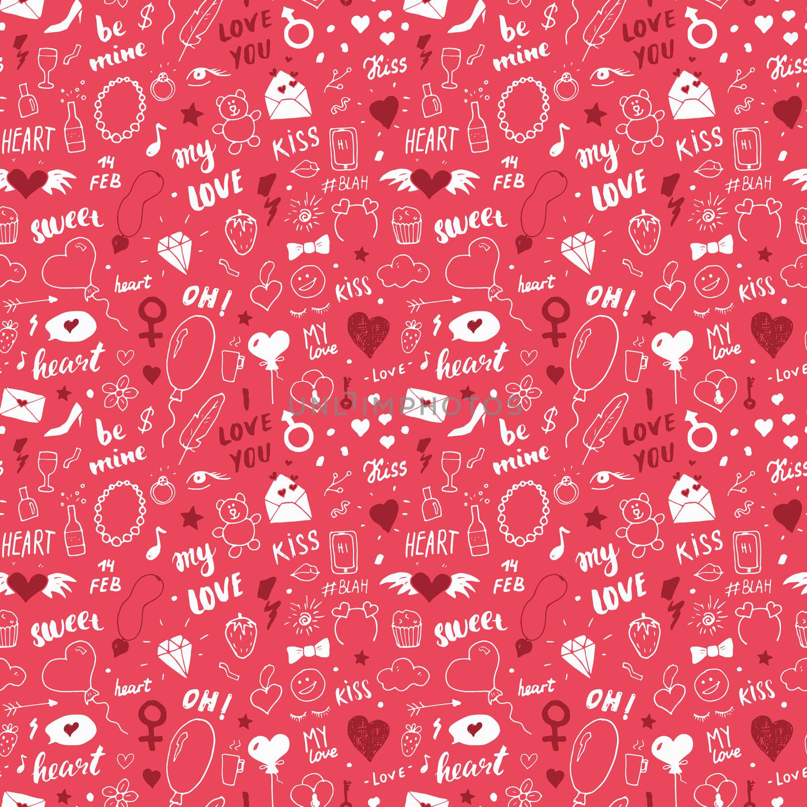 Love and Valentine Day seamless pattern vector illustration. Hand drawn sketched doodle romantic symbols background.