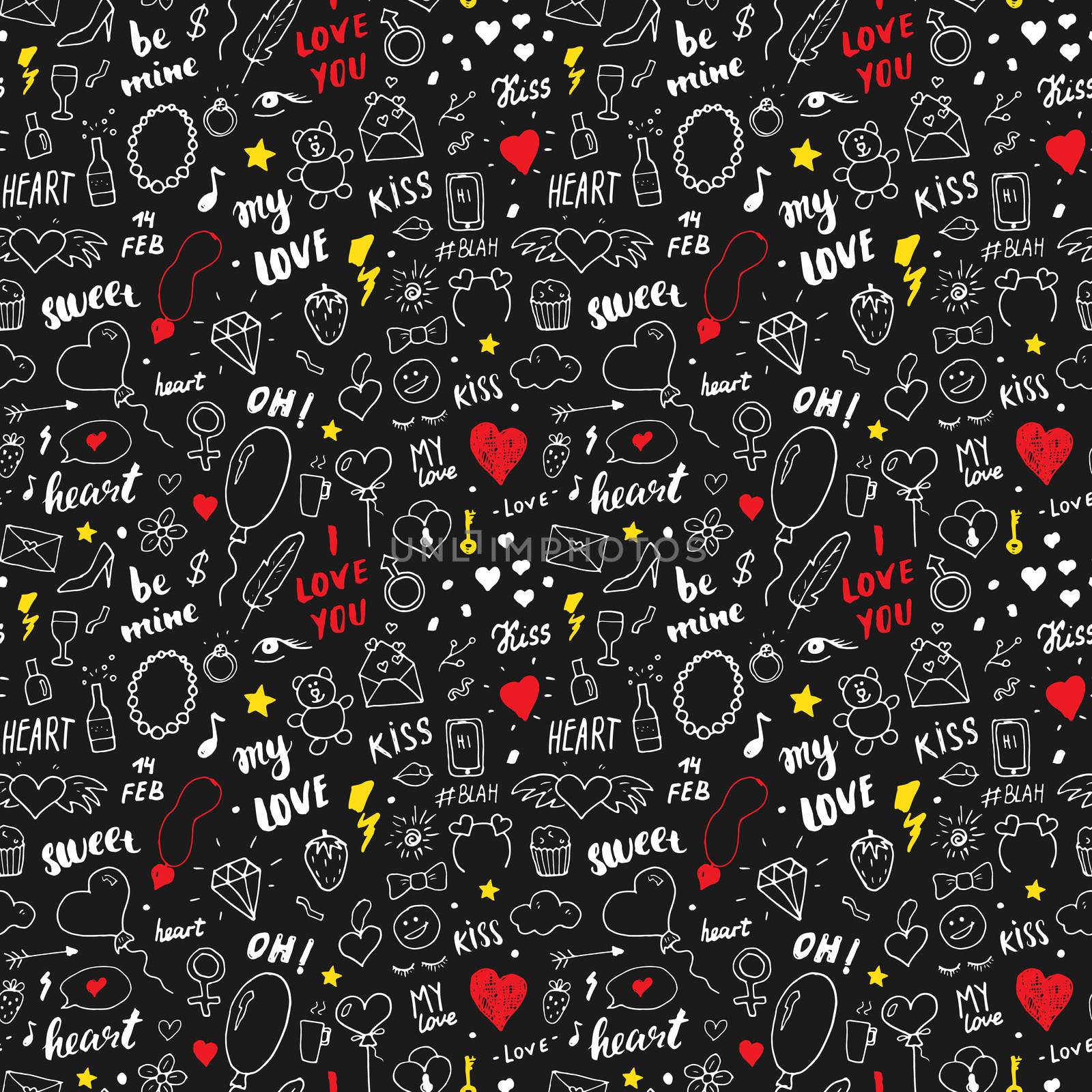 Love and Valentine Day seamless pattern vector illustration. Hand drawn sketched doodle romantic symbols background.