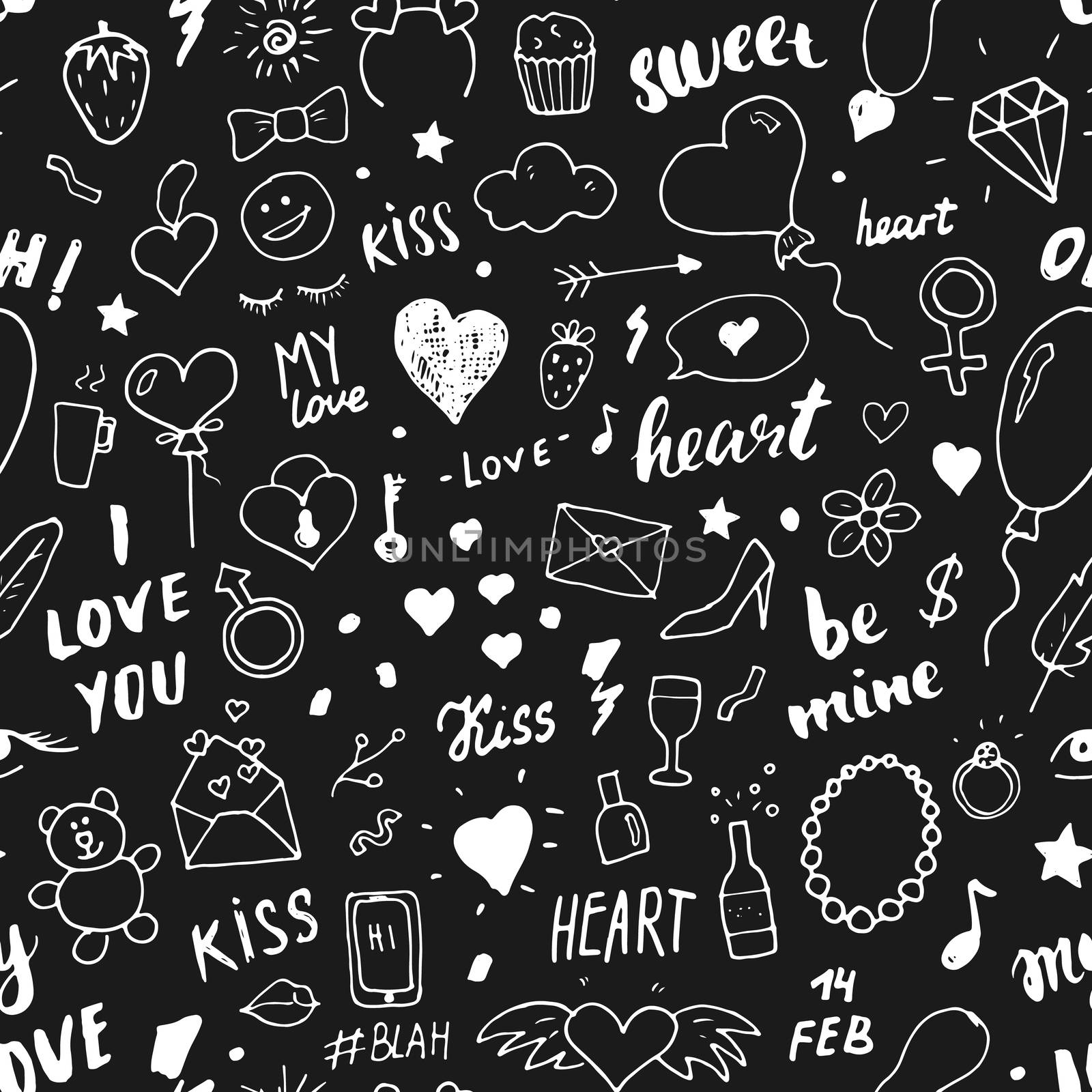 Love and Valentine Day seamless pattern vector illustration. Hand drawn sketched doodle romantic symbols background.