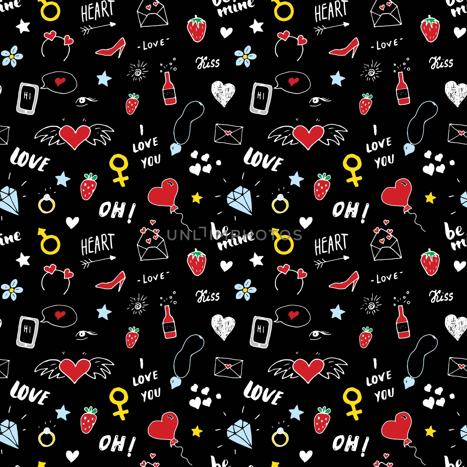 Love and Valentine Day seamless pattern vector illustration. Hand drawn sketched doodle romantic symbols background.