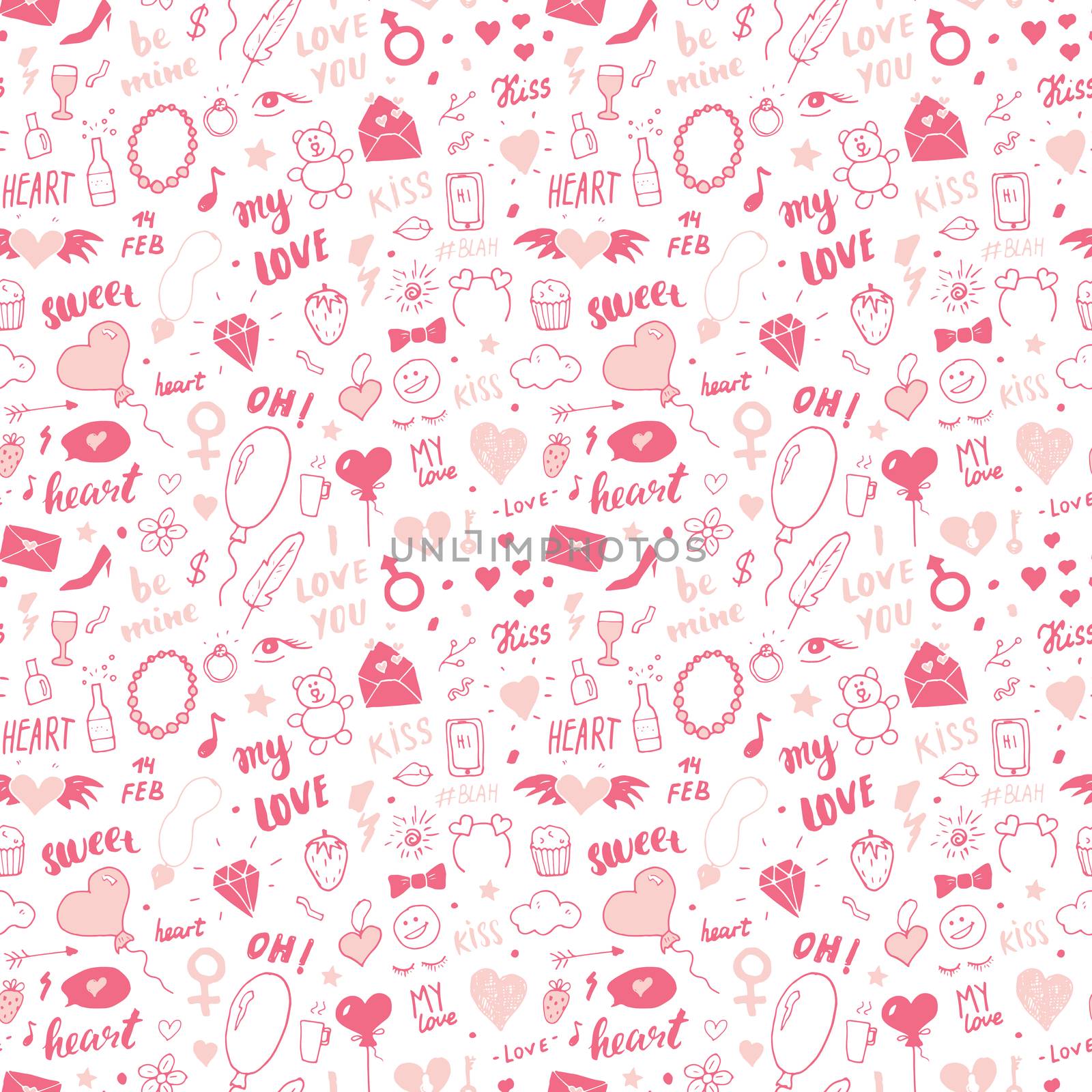 Love and Valentine Day seamless pattern vector illustration. Hand drawn sketched doodle romantic symbols background.