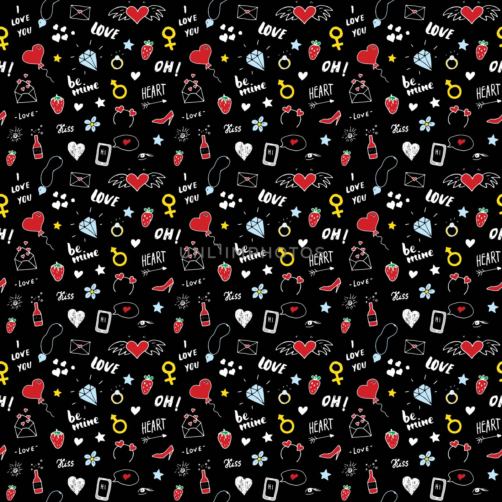 Love and Valentine Day seamless pattern vector illustration. Hand drawn sketched doodle romantic symbols background.