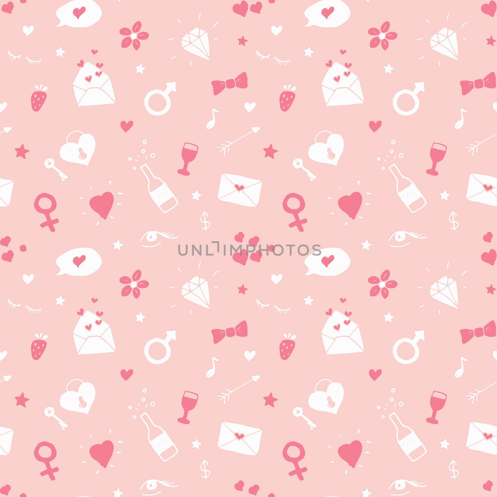 Love and Valentine Day seamless pattern vector illustration. Hand drawn sketched doodle romantic symbols background by Lemon_workshop