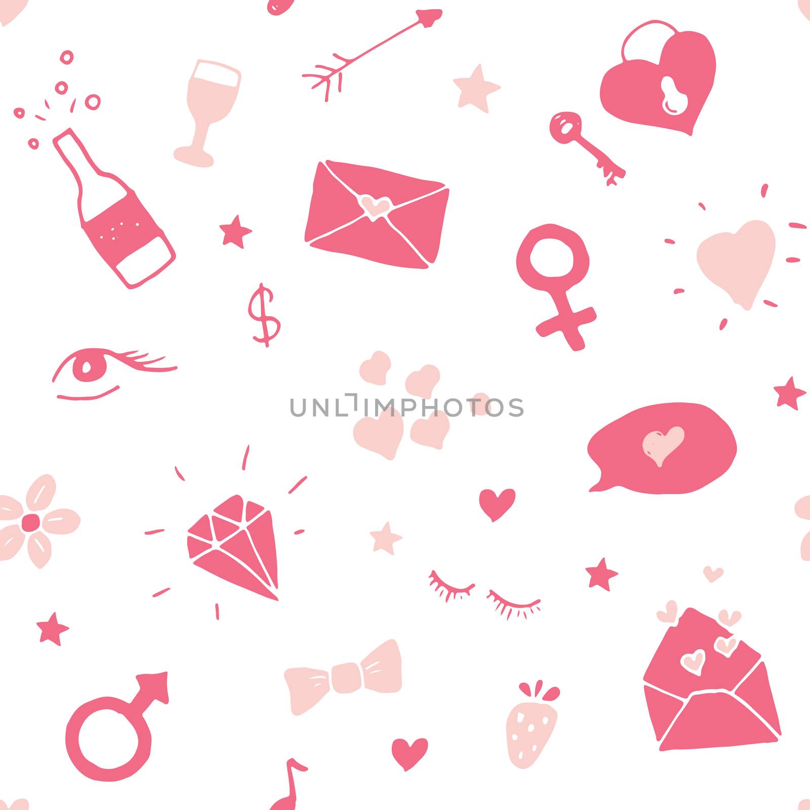 Love and Valentine Day seamless pattern vector illustration. Hand drawn sketched doodle romantic symbols background.