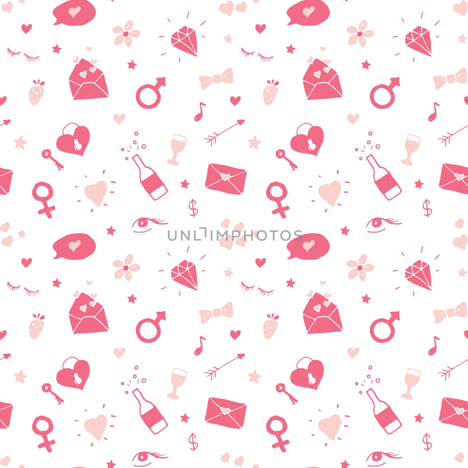 Love and Valentine Day seamless pattern vector illustration. Hand drawn sketched doodle romantic symbols background.