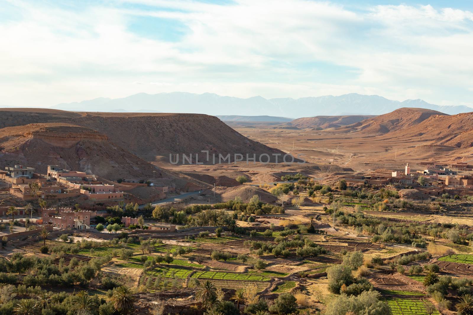 Farmland and crops seen from Ait Ben Haddou ksar Morocco, ancient fortress  by kgboxford