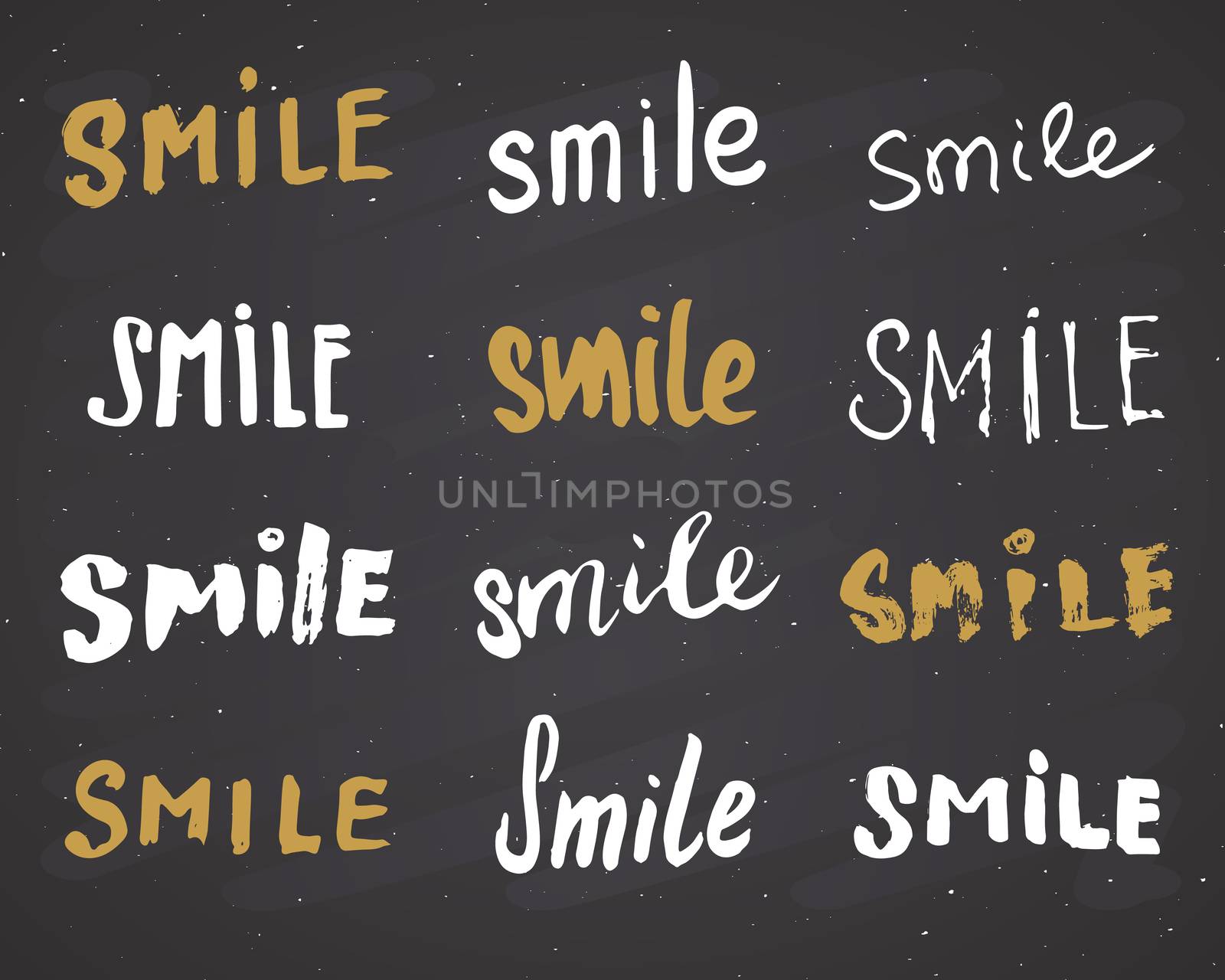 Smile letterings handwritten signs set, Hand drawn grunge calligraphic text. Vector illustration on chalkboard background.