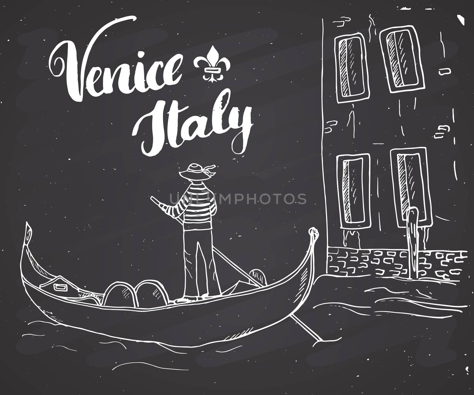 Venice Italy Hand Drawn Sketch Doodle Gondolier and lettering handwritten sign, grunge calligraphic text. Vector illustration on chalkboard background.