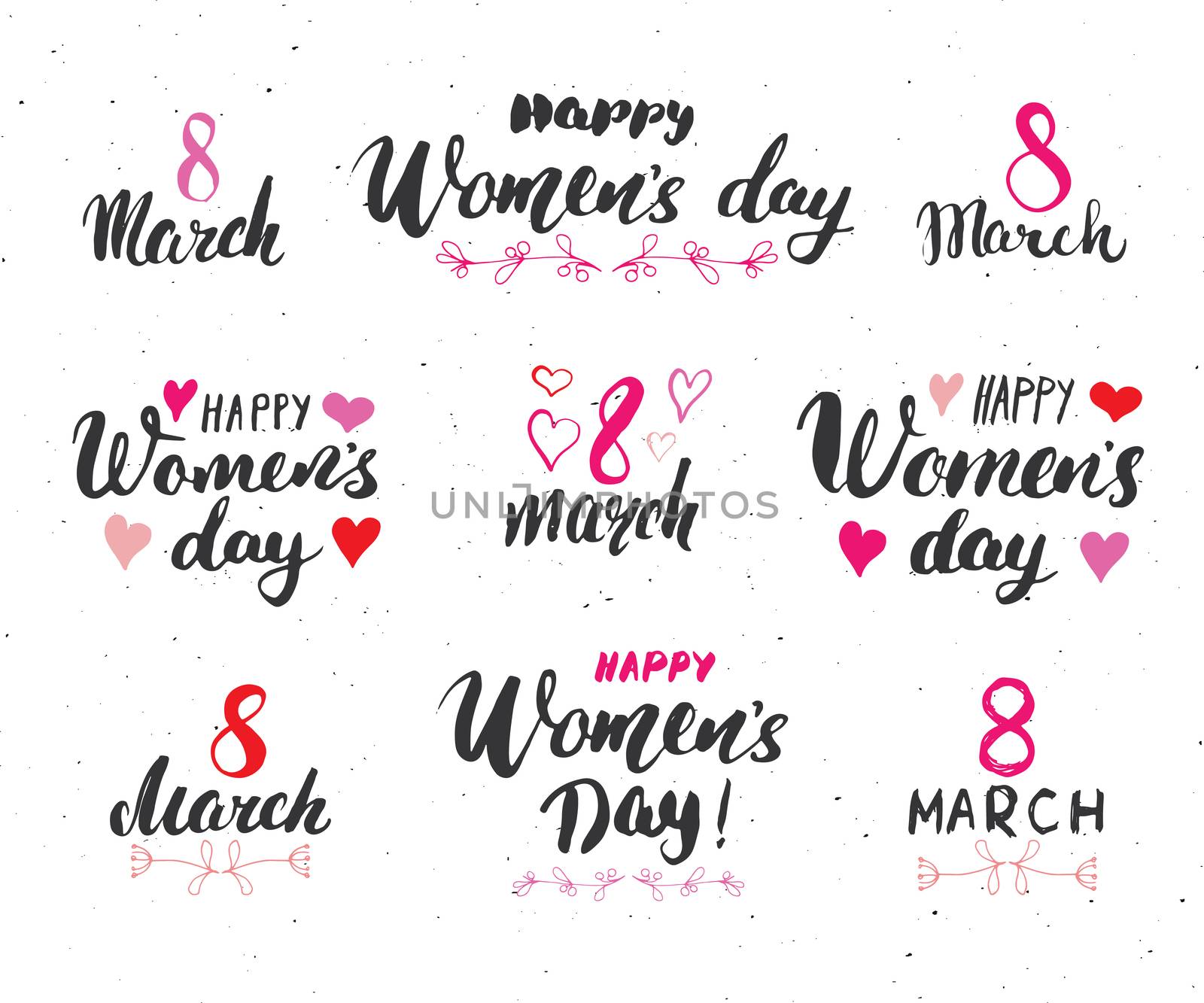 Happy Women's Day Hand letterings set. Holiday grunge textured retro design greeting cards vector illustration.