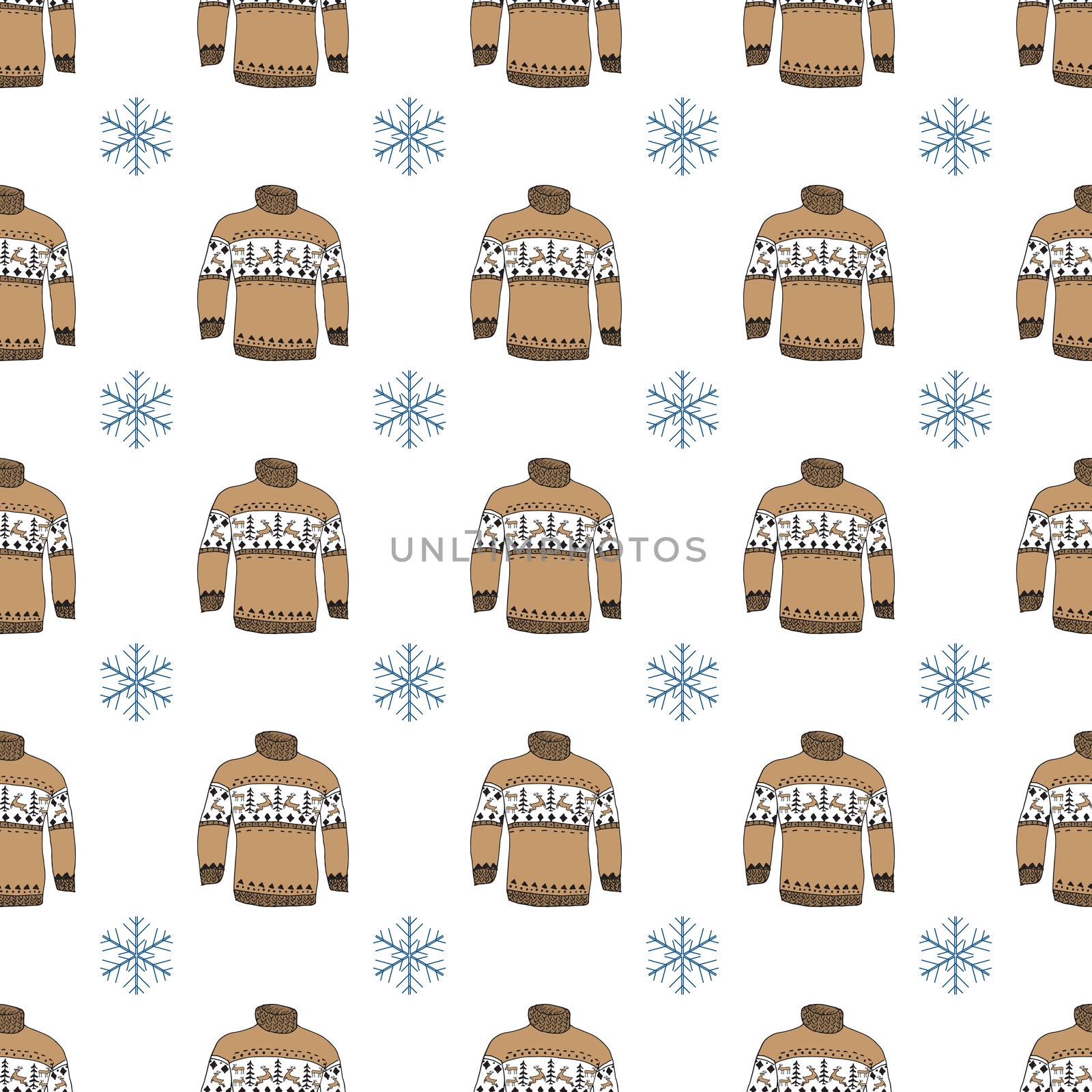 Winter season doodle clothes seamless pattern. Hand drawn sketch elements warm raindeer sweater socks, gloves and hats. vector background illustration