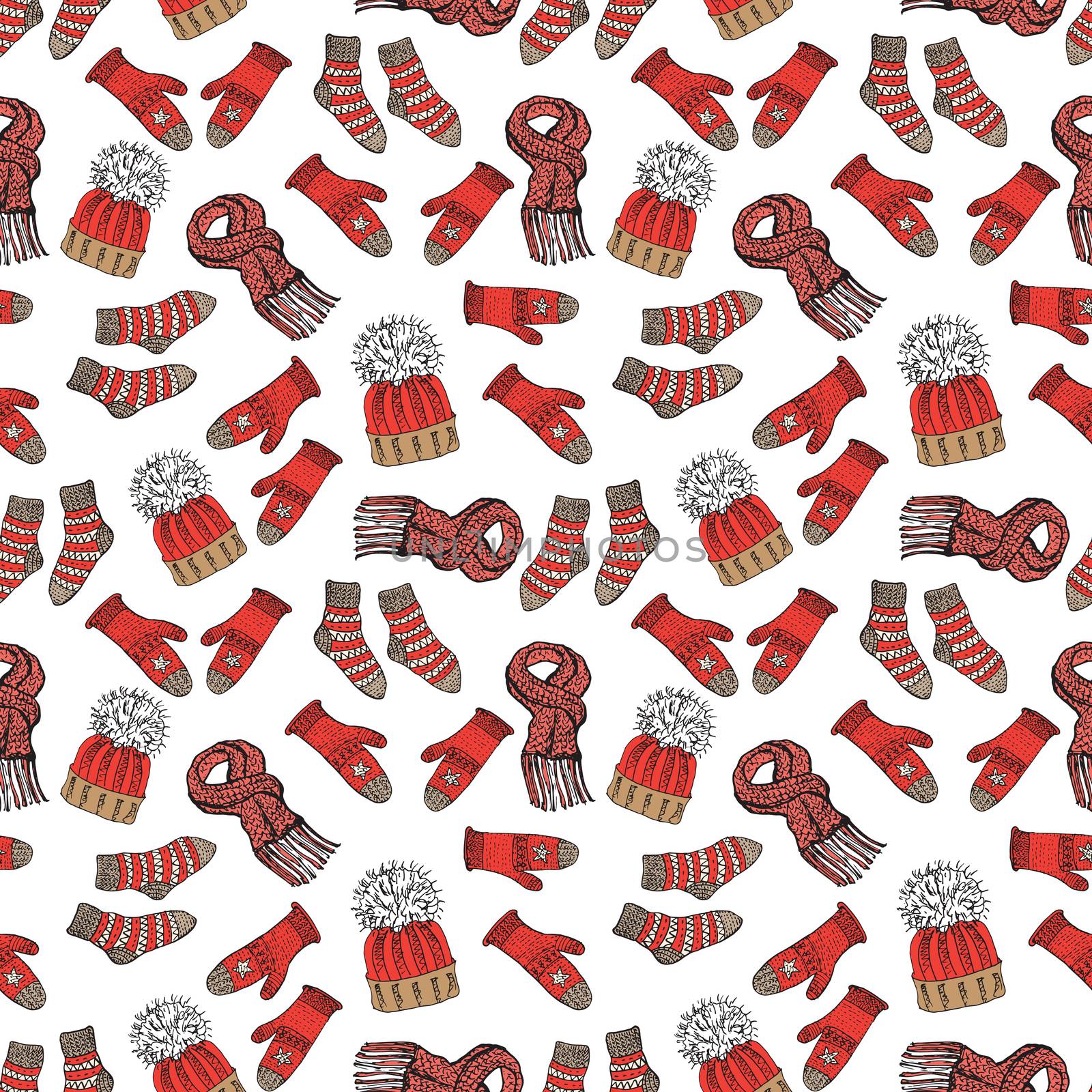 Winter season doodle clothes seamless pattern. Hand drawn sketch elements warm raindeer sweater socks, gloves and hats. vector background illustration