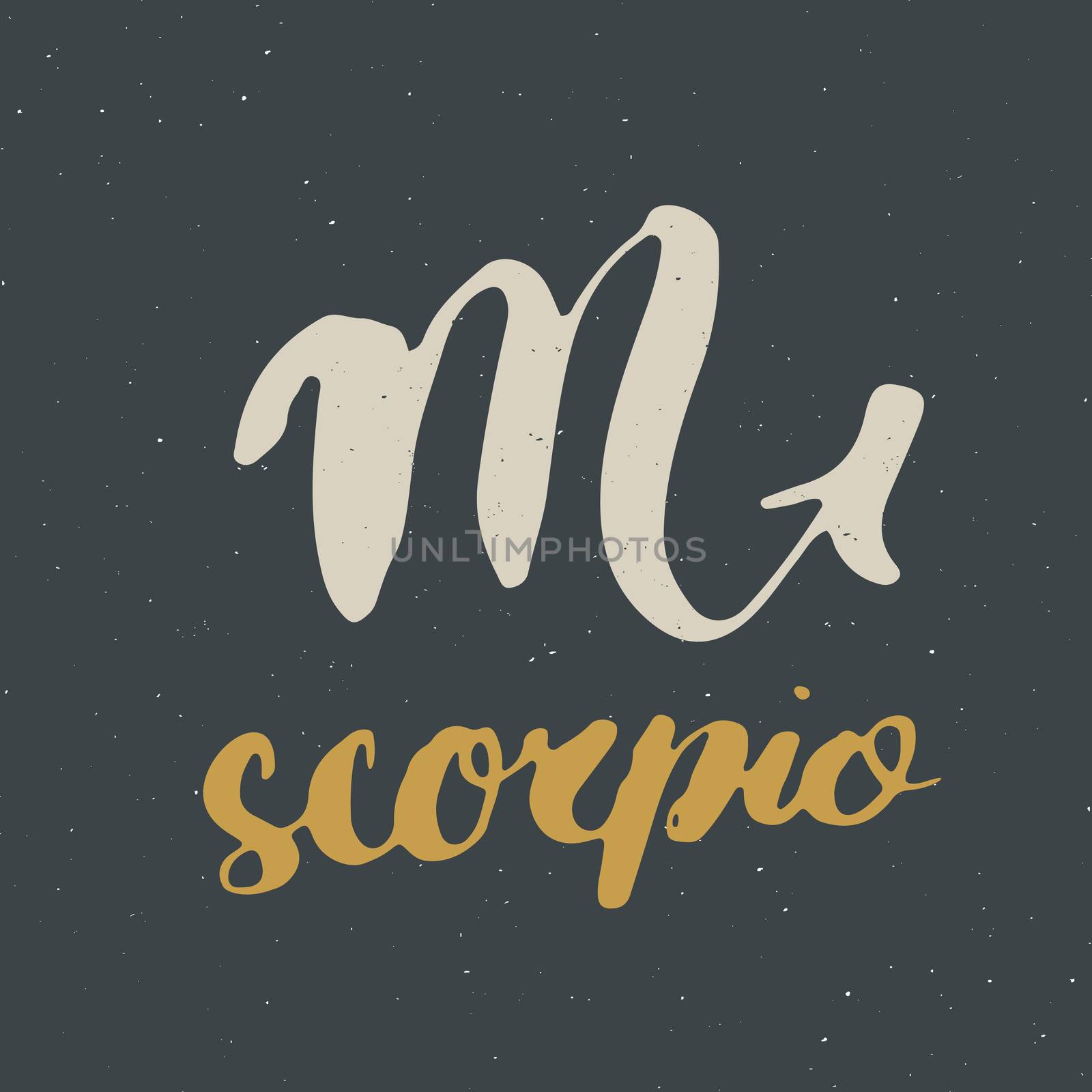 Zodiac sign Scorpio and lettering. Hand drawn horoscope astrology symbol, grunge textured design, typography print, vector illustration .