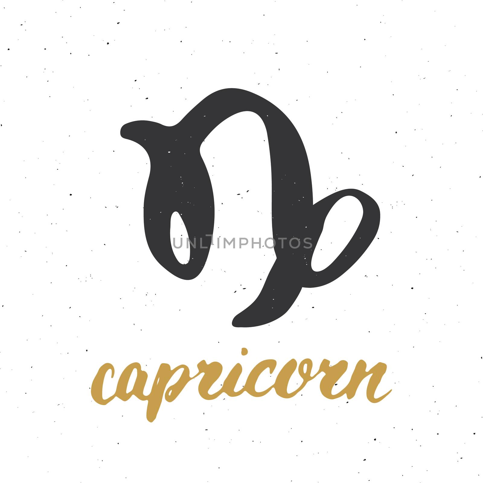 Zodiac sign Capricorn and lettering. Hand drawn horoscope astrology symbol, grunge textured design, typography print, vector illustration .