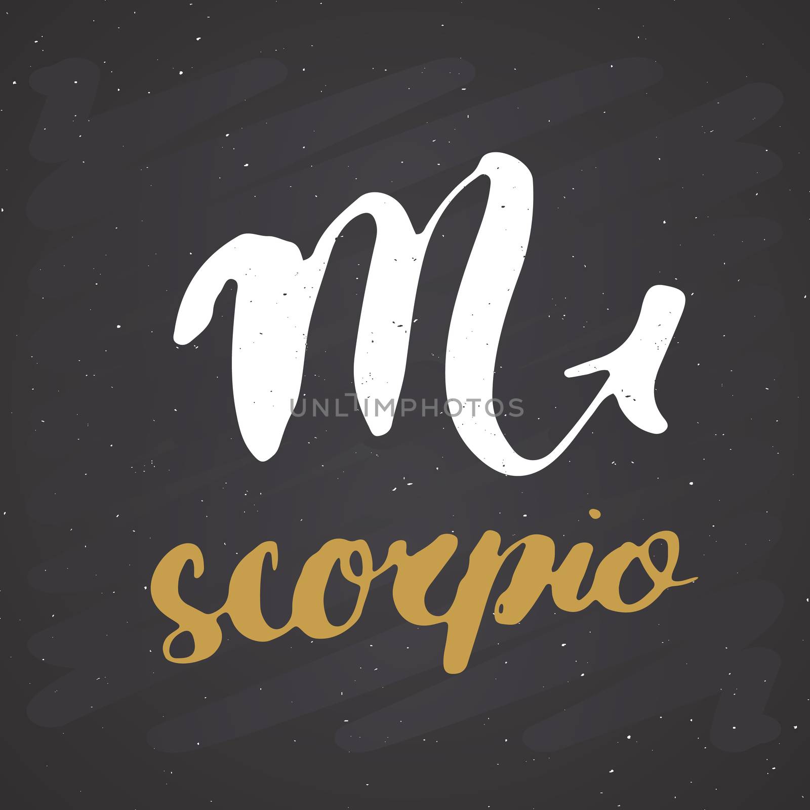 Zodiac sign Scorpio and lettering. Hand drawn horoscope astrology symbol, grunge textured design, typography print, vector illustration on chalkboard background.