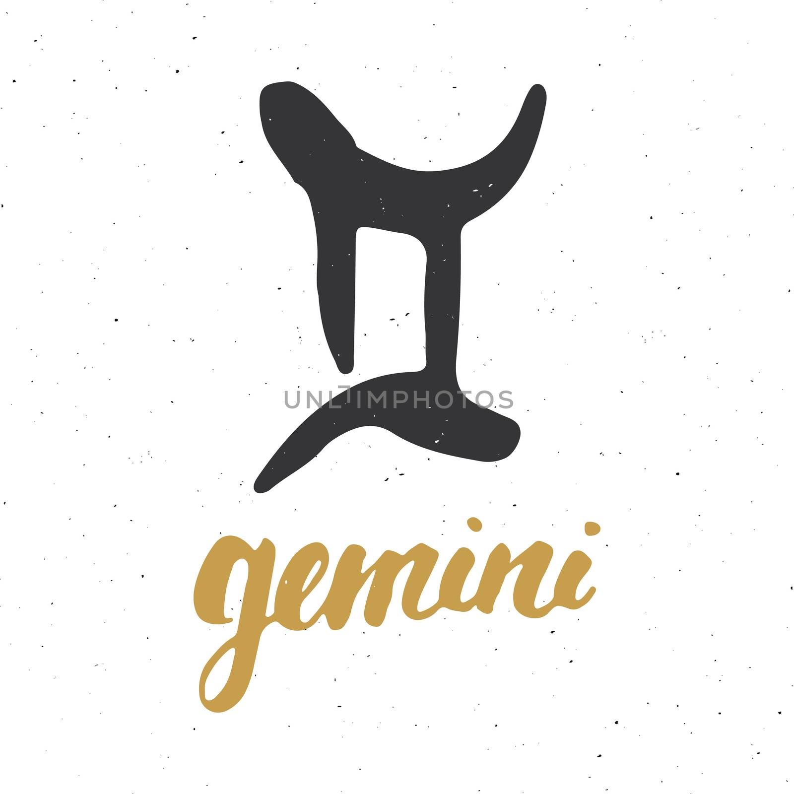 Zodiac sign Gemini and lettering. Hand drawn horoscope astrology symbol, grunge textured design, typography print, vector illustration .