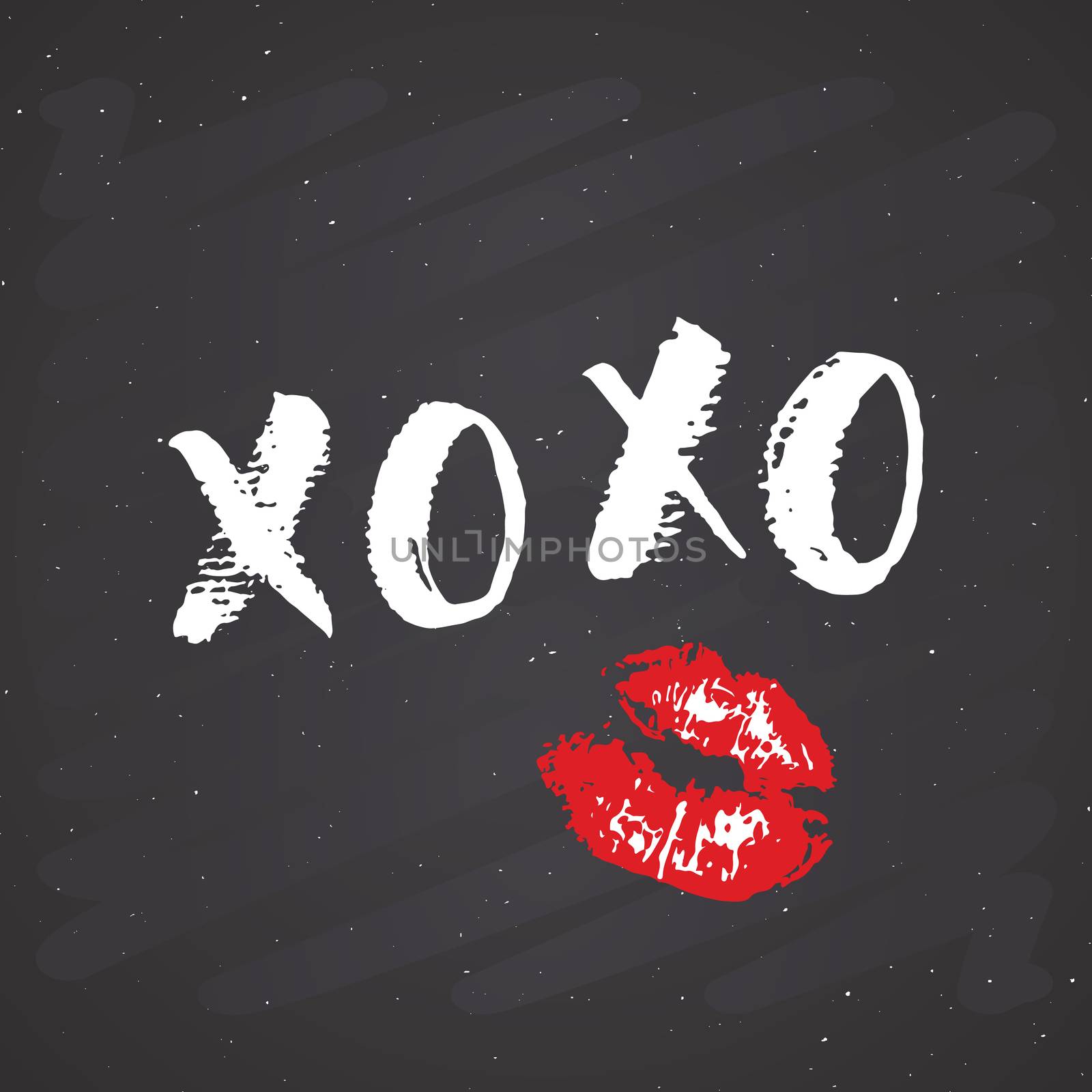 XOXO brush lettering sign, Grunge calligraphiv c hugs and kisses Phrase, Internet slang abbreviation XOXO symbols, vector illustration on chalkboard background.