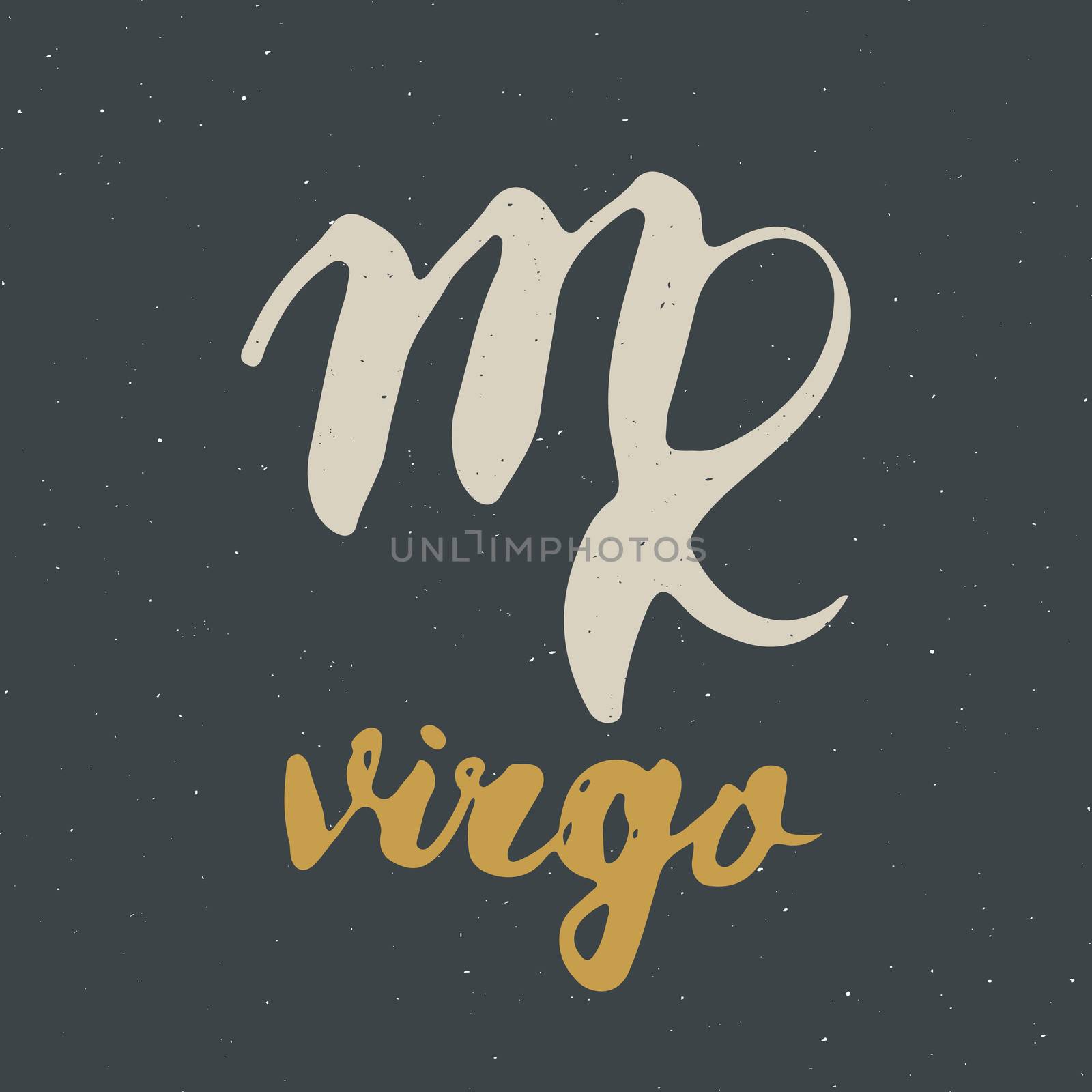 Zodiac sign Virgo and lettering. Hand drawn horoscope astrology symbol, grunge textured design, typography print, vector illustration .