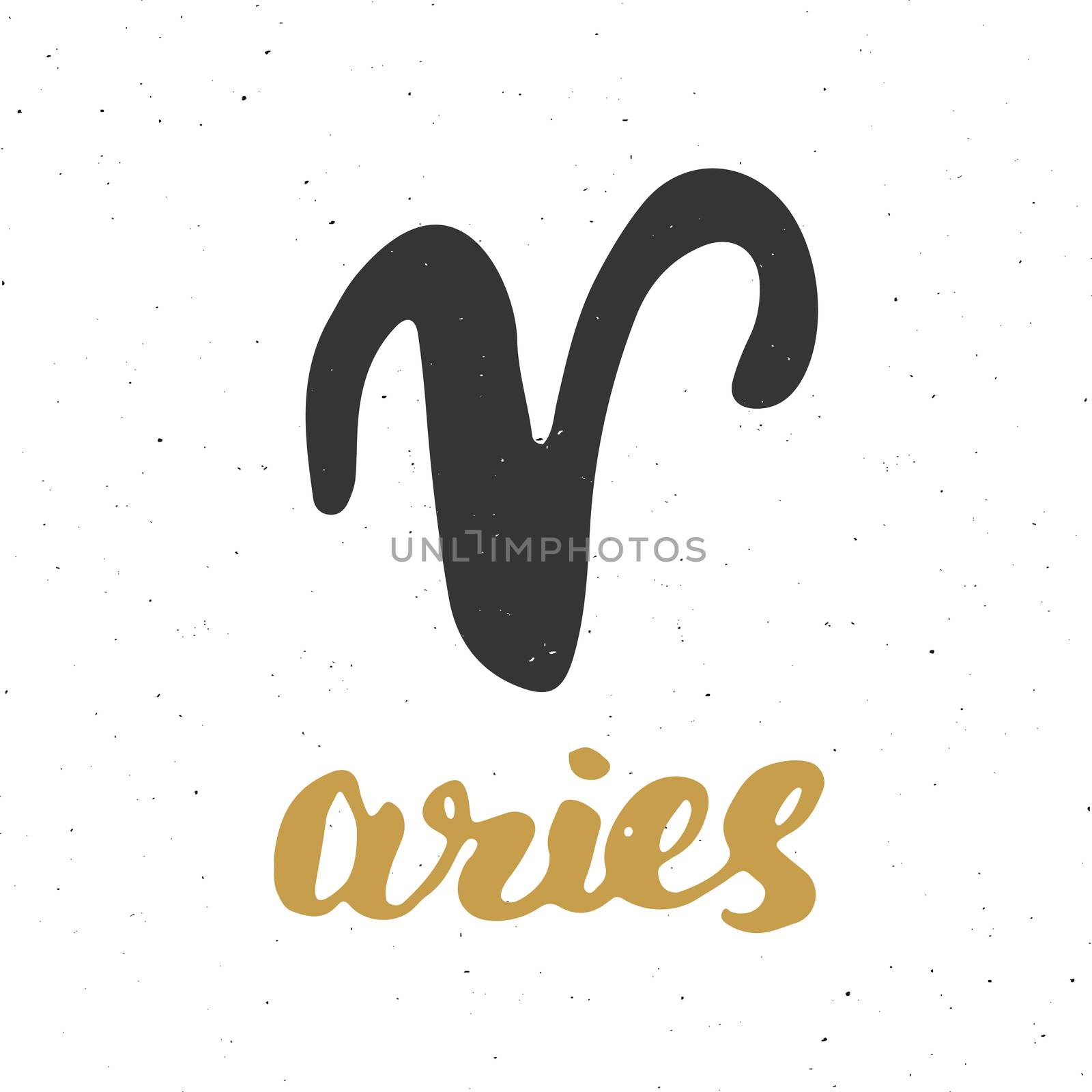 Zodiac sign Aries and lettering. Hand drawn horoscope astrology symbol, grunge textured design, typography print, vector illustration .