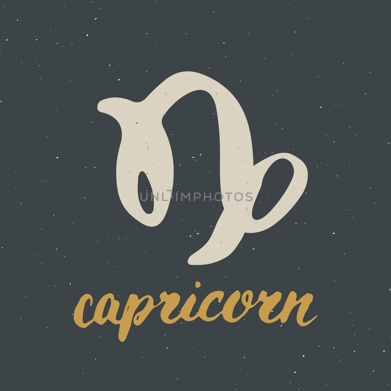 Zodiac sign Capricorn and lettering. Hand drawn horoscope astrology symbol, grunge textured design, typography print, vector illustration .