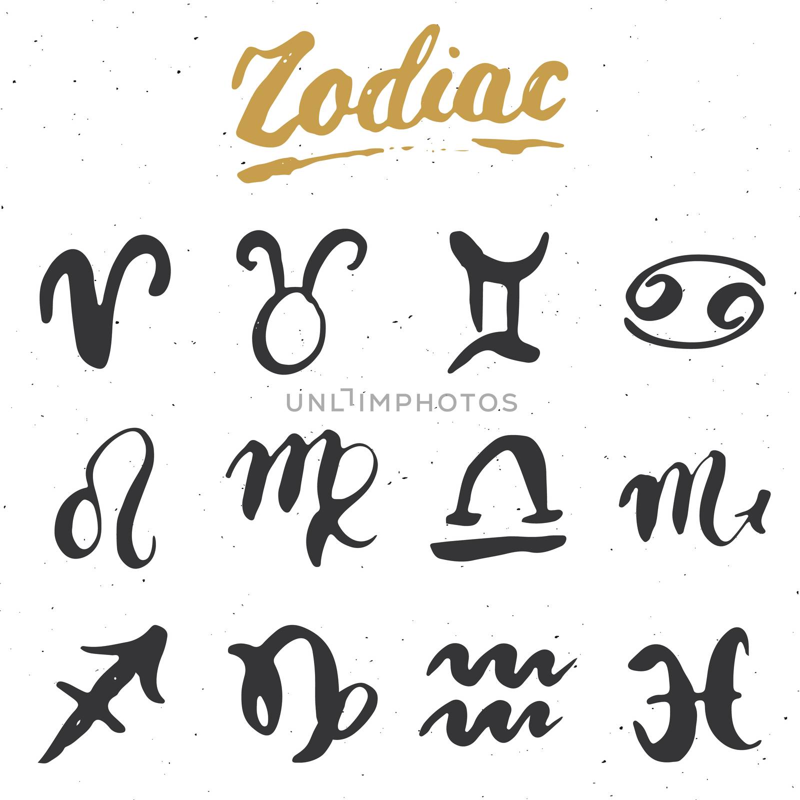 Zodiac signs set and letterings. Hand drawn horoscope astrology symbols, grunge textured design, typography print, vector illustration by Lemon_workshop