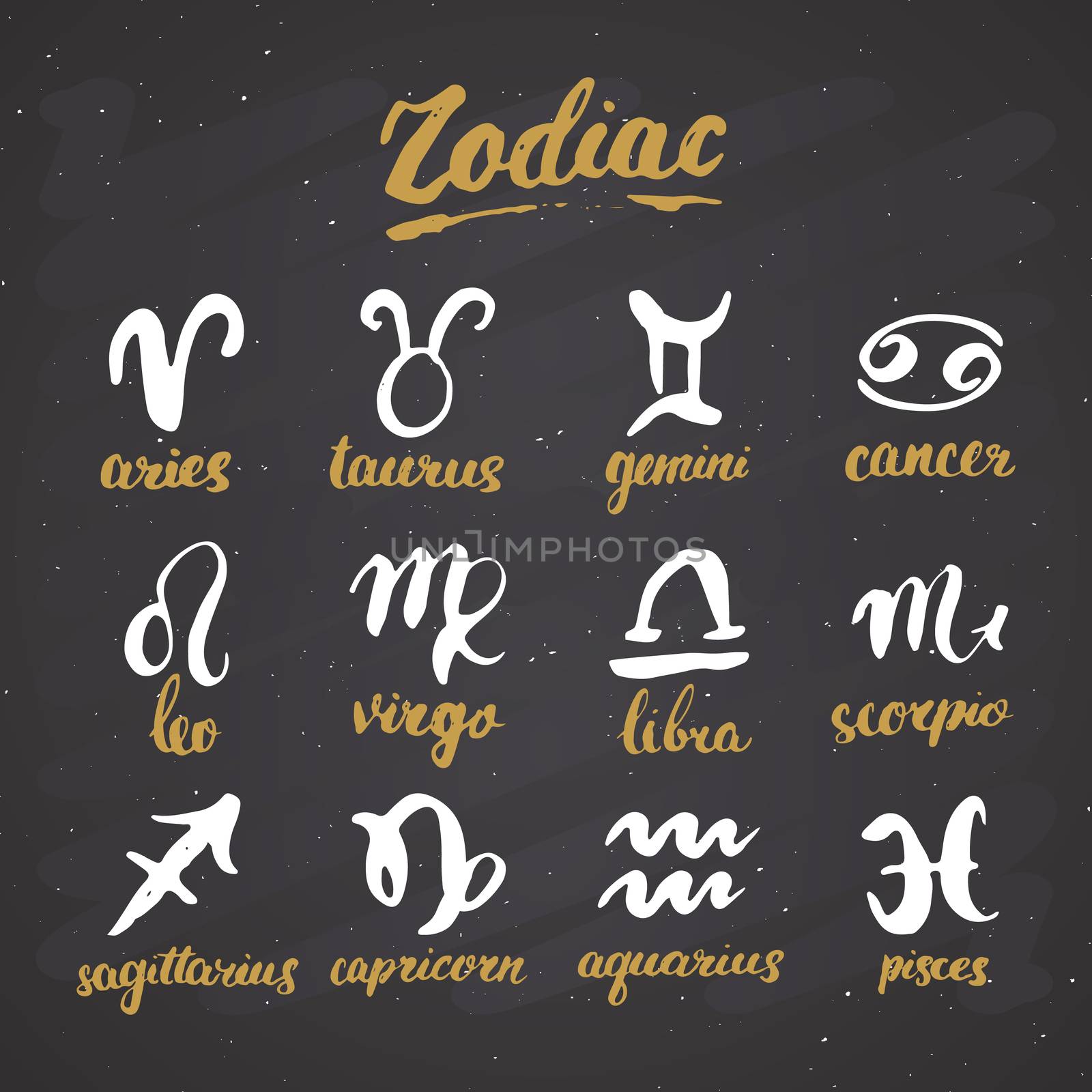 Zodiac signs set and letterings. Hand drawn horoscope astrology symbols, grunge textured design, typography print, vector illustration on chalkboard background by Lemon_workshop