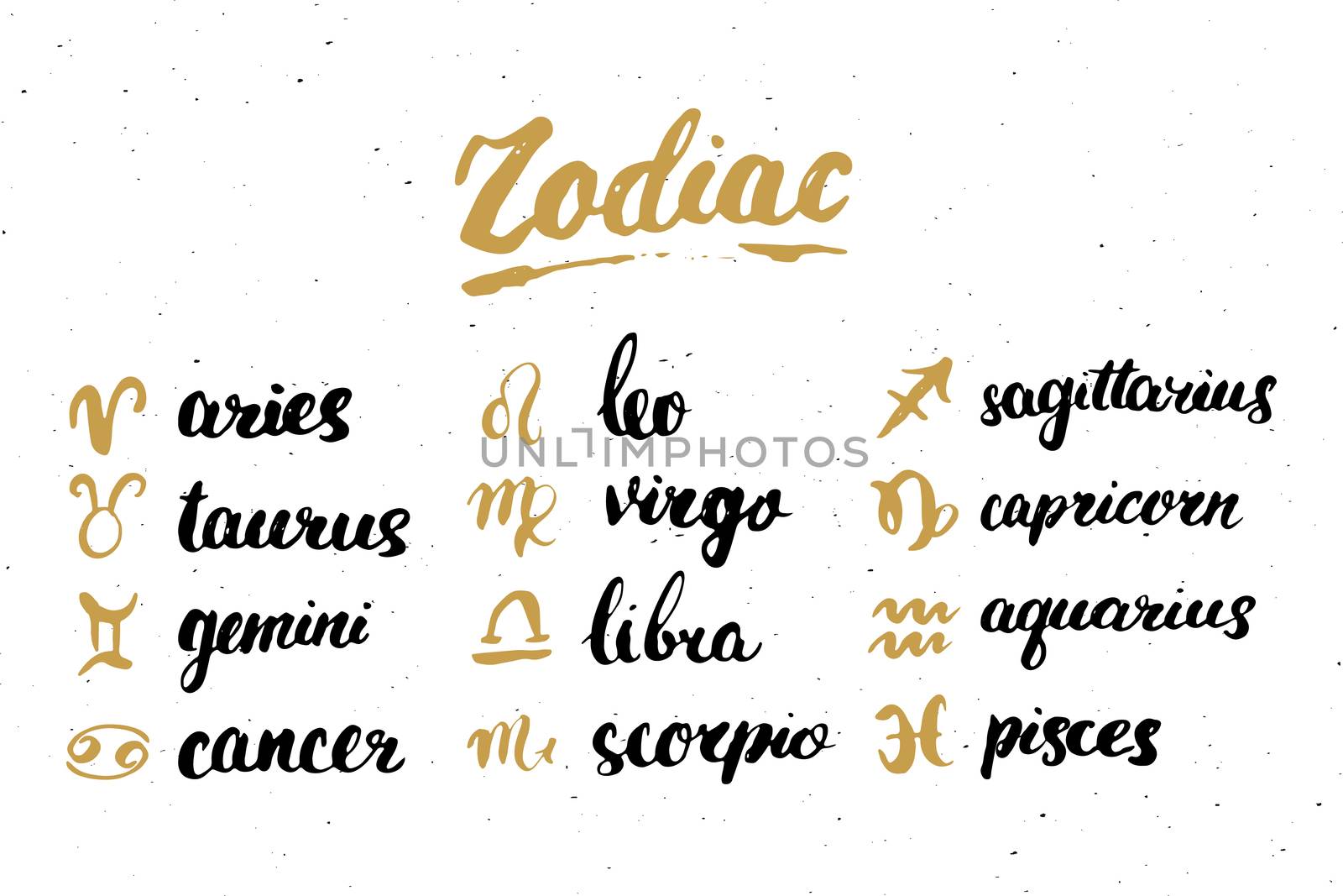 Zodiac signs set and letterings. Hand drawn horoscope astrology symbols, grunge textured design, typography print, vector illustration by Lemon_workshop