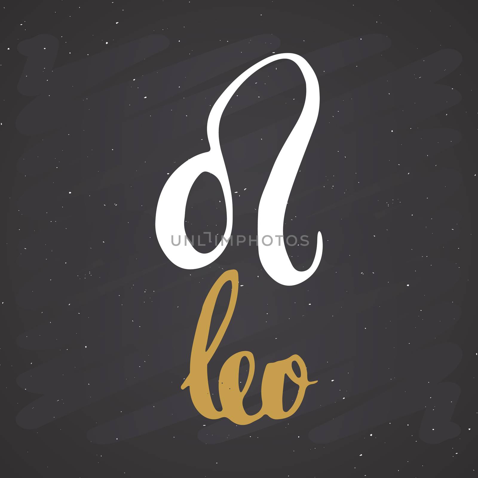 Zodiac sign Leo and lettering. Hand drawn horoscope astrology symbol, grunge textured design, typography print, vector illustration on chalkboard background by Lemon_workshop