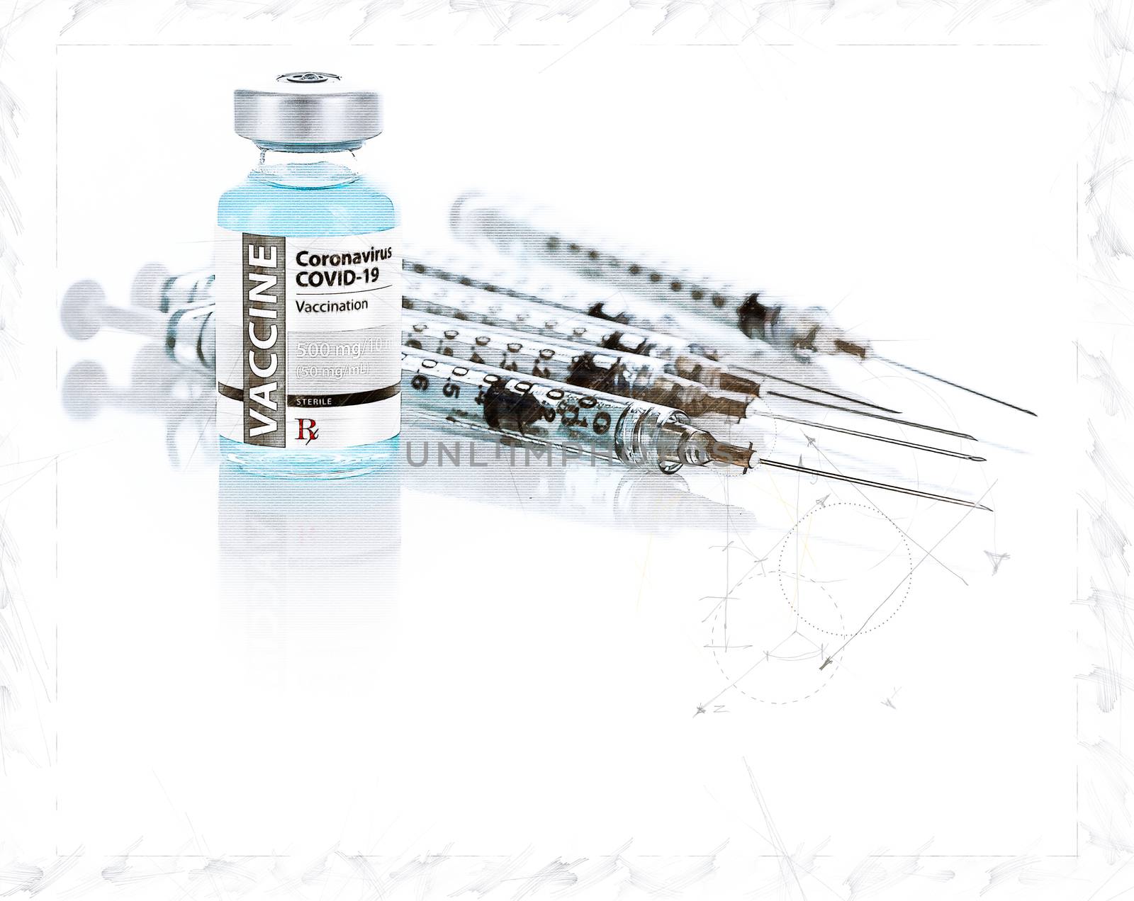 Artistic Rendering Sketch of Coronavirus COVID-19 Vaccine Vial and Several Syringes On Reflective Surface.