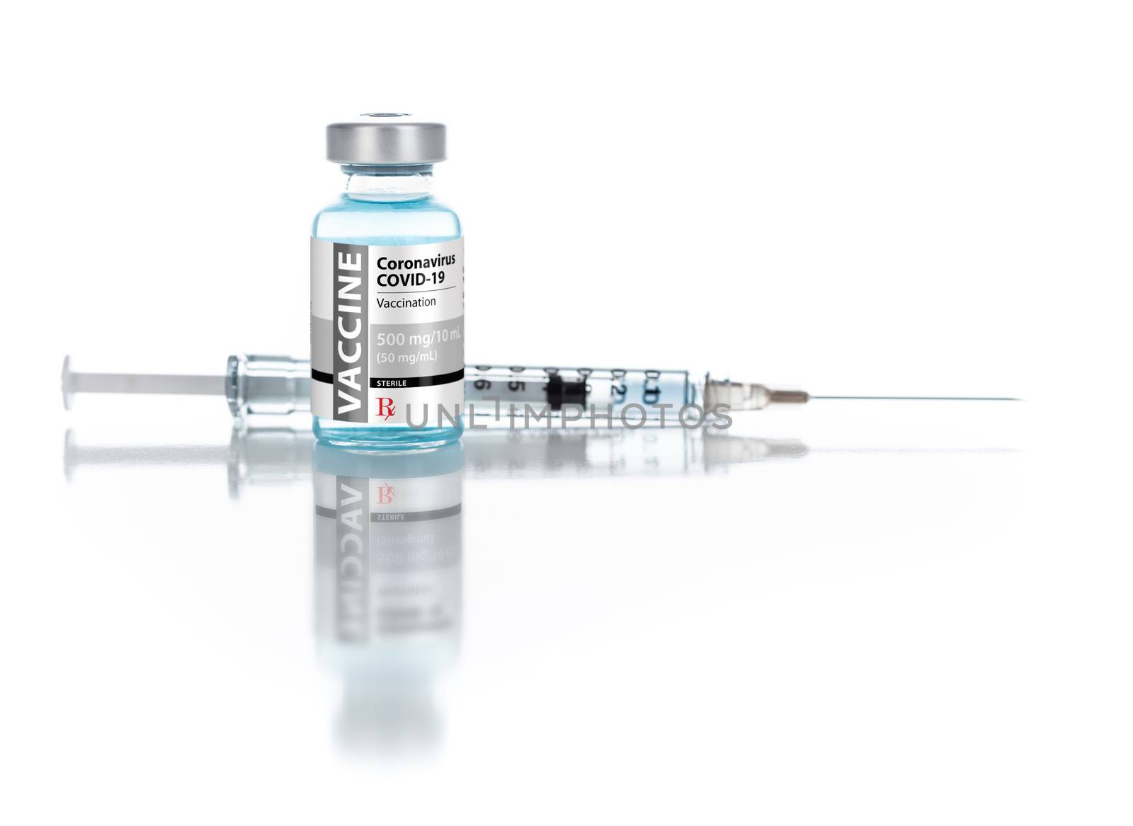 Coronavirus COVID-19 Vaccine Vial and Syringe On Reflective Whit by Feverpitched