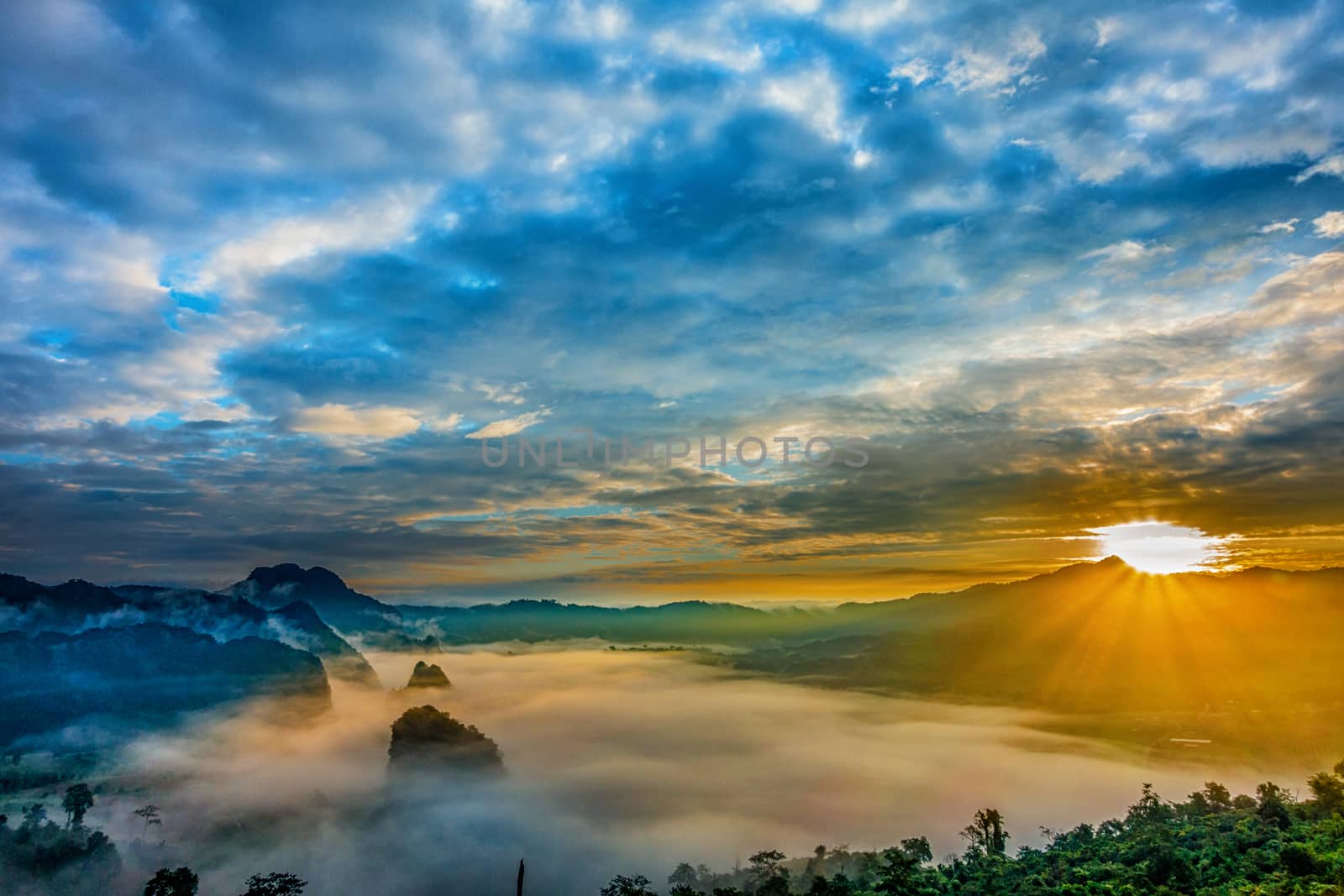 Landscape of Morning Mist with Mountain Layer at Phu Lanka National Park, Phayao province, north of Thailand.