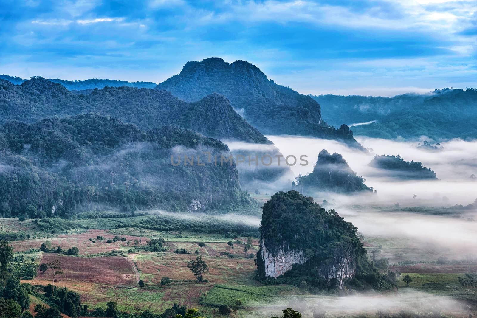 Landscape of Morning Mist with Mountain. by NuwatPhoto