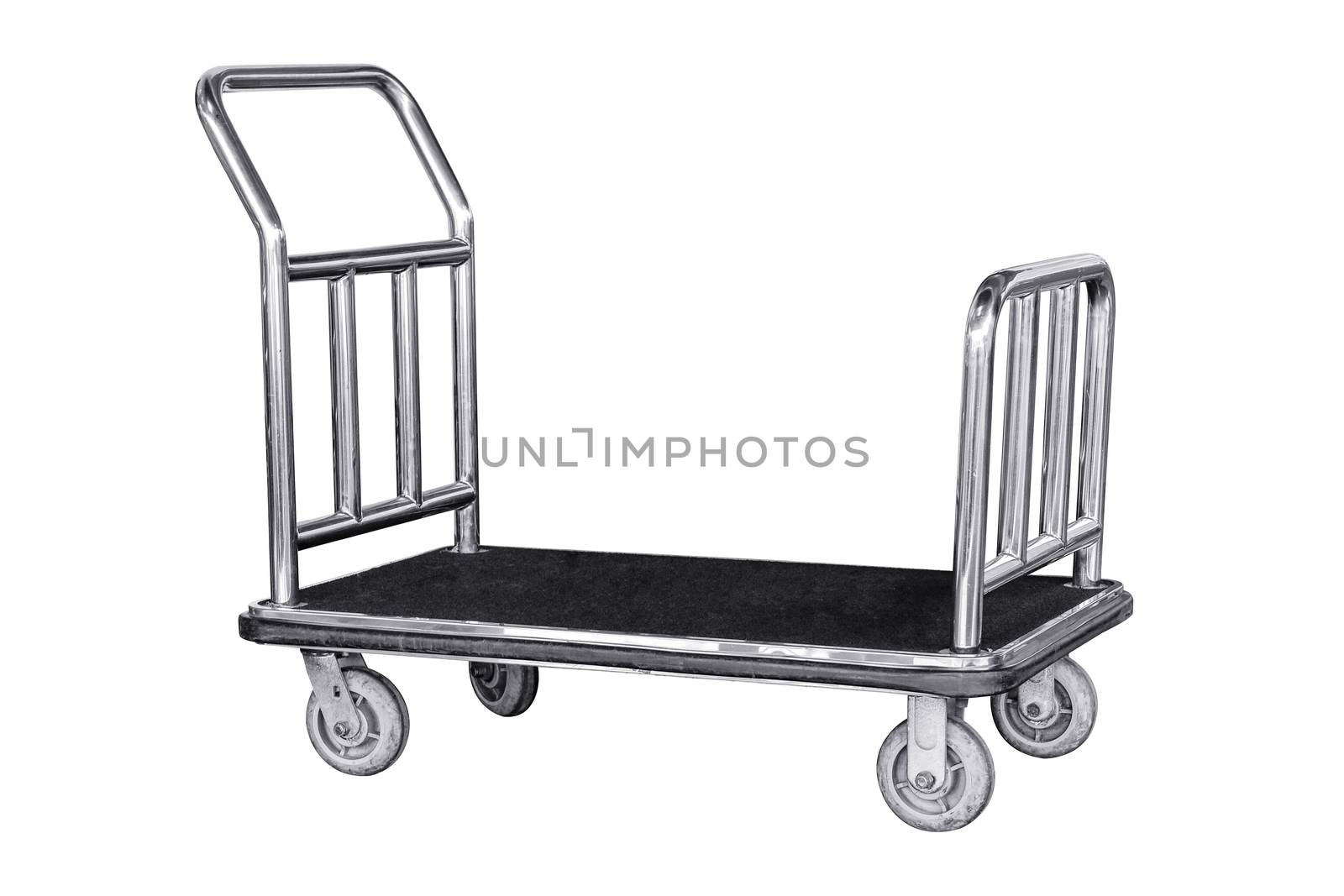 Stainless steel trolley bag, hotel baggage cart isolated on white background work with clipping path.
