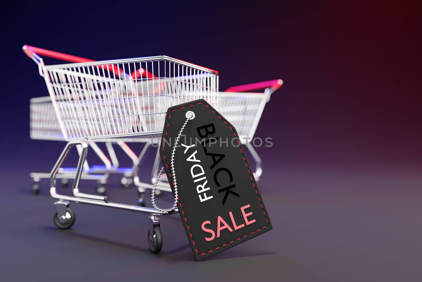 Black price tag is leaning against a shopping cart in a dark background. Concept of shopping season on weekends of November every year. Closeup and copy space on the right. 3D rendering illustration.