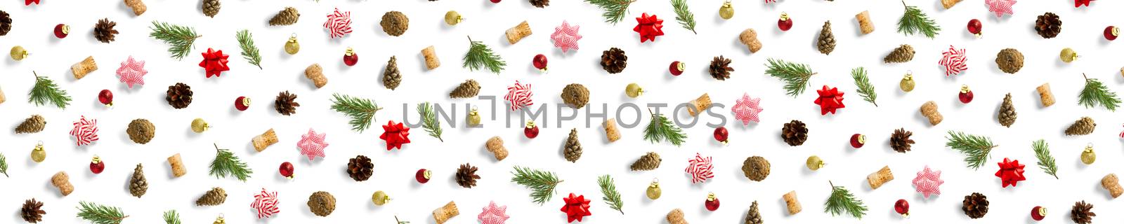 modern christmas background on white backdrop. creative flat lay for christmas time, banners, posters, prints and other creative works. not seamless pattern