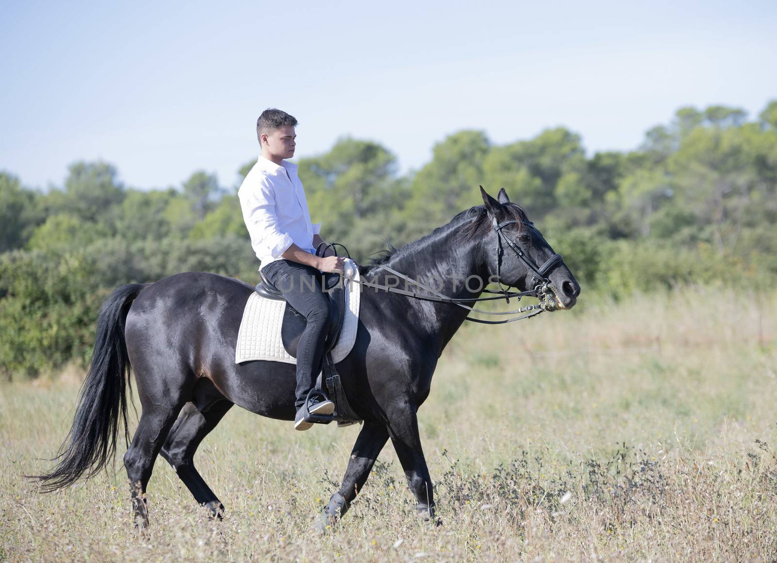  riding teenager are training her black horse